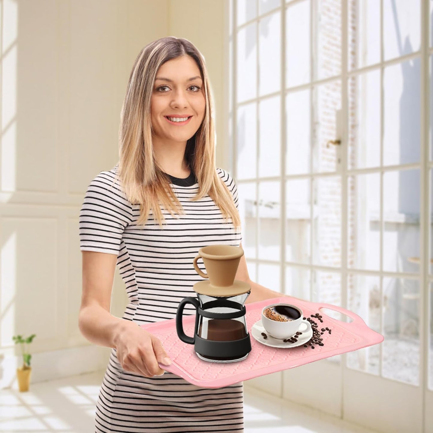 LEHAHA Melamine Serving Tray with Handles, 17.25 x 12 Inch Aesthetic Serving Platters and Trays with Curved Sides, Tray for Lunch, Coffee, or Breakfast, 4pcs Set, Silicone placemats Included,Pink