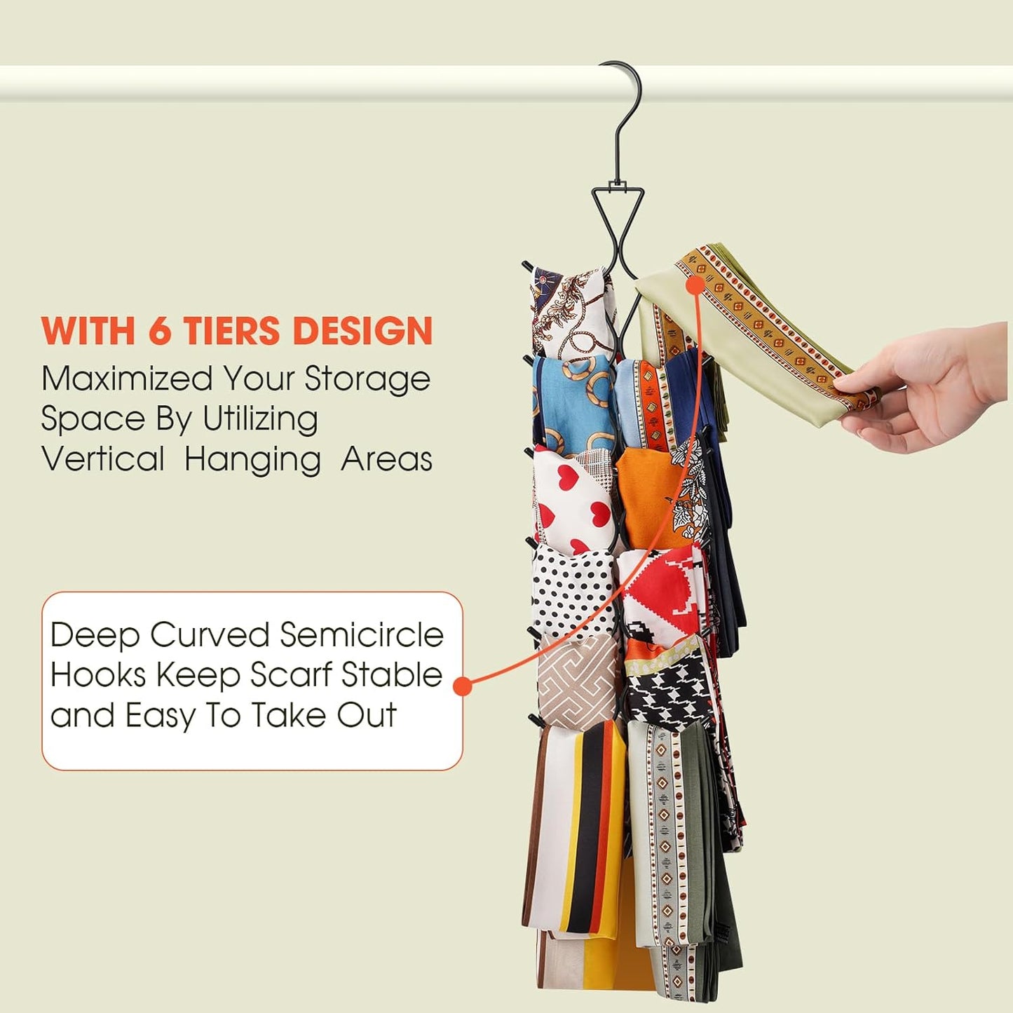 Scarf Hanger 12 Storages,Purse Hanger with 360 Swivel Hook,Scarf Organizer Scarf Hangers for Closet,for Scarves, Shawl,Belt,Purse & Baseball Cap