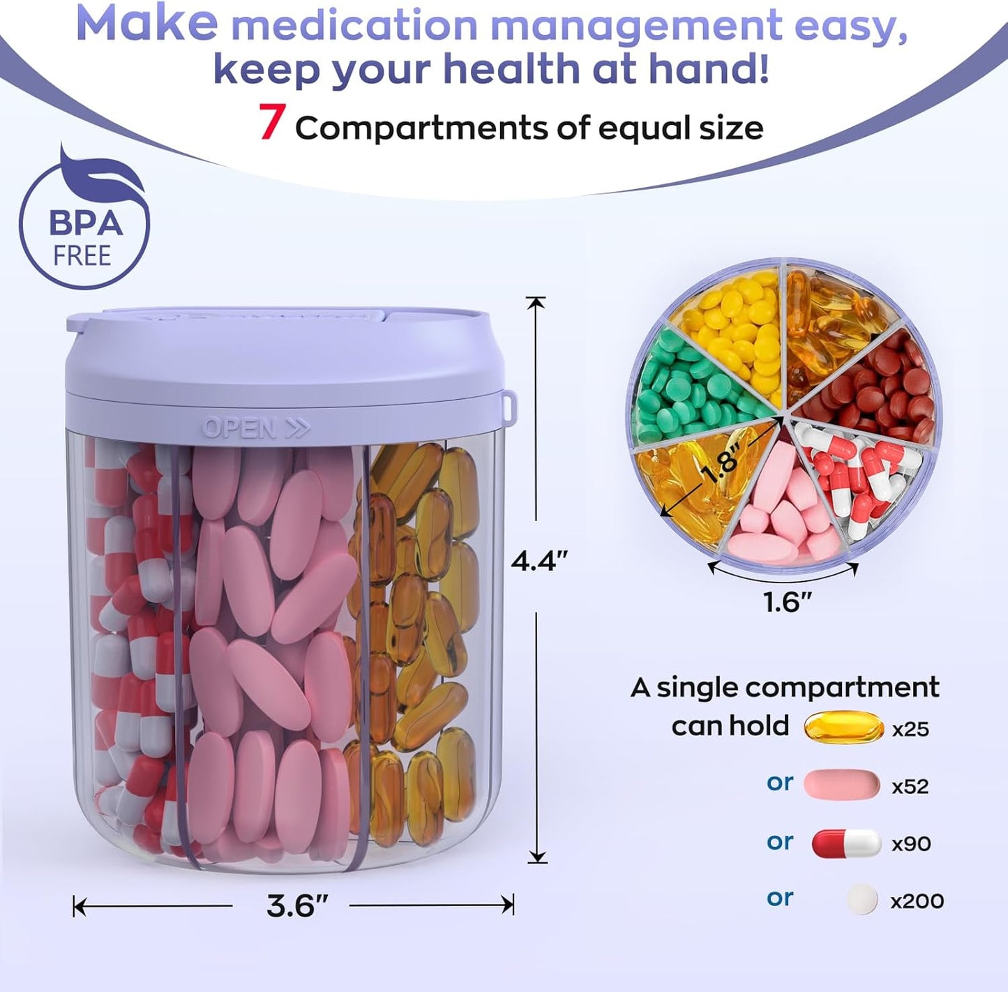 Pill Dispenser with 7 Large Compartments, 4.4" H x 3.6" Dia Pill Organizer for Travel, Supplement Organizer with Anti-Mixing Design, BPA-Free Pill Container with 20 Pcs Labels, Purple