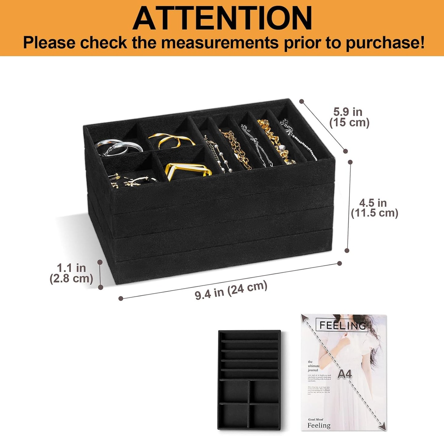 ProCase Stackable Jewelry Organizer Trays for Drawers, Jewelry Drawer Inserts Container Display Case Storage for Earring Necklace Rings Bracelet with Removable Dividers -Allblack, 4 Layers