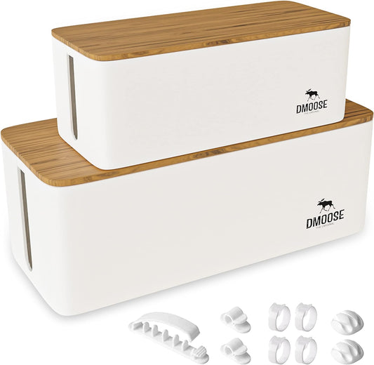 DMoose Cable Management Box - 2 Pack Medium & Large Cord Organizer for Desk & Floor, Cable Organizer Box for Child & Pet - Cable Box Hider for Tidy Office & Home (Wood Print Lid, White Box, Pack of 2)