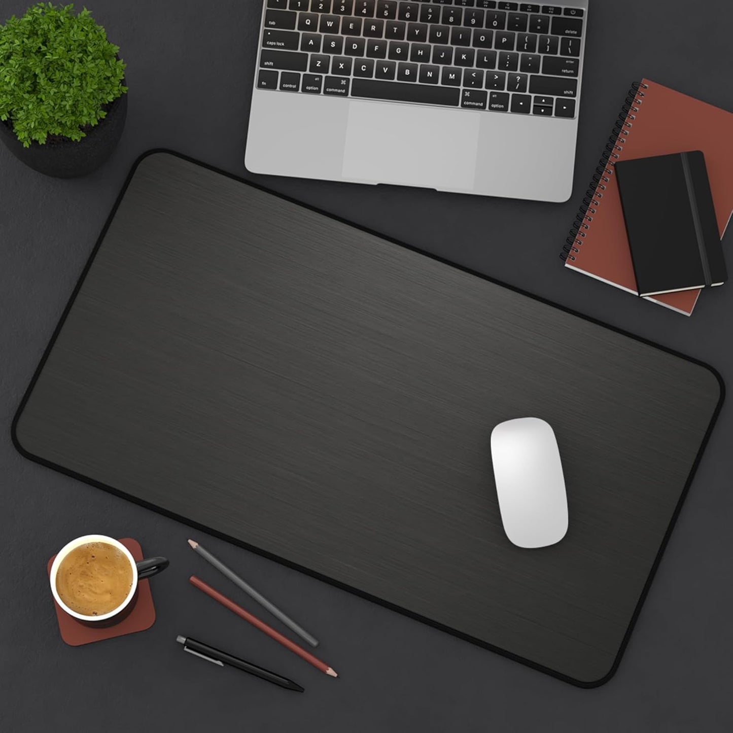 Brushed Metal Texture Desk Mat - Extended Mouse Pad & Desk Pad, Neoprene Surface, Non-Slip Rubber Base, Stitched Edges, Desk Protector for Keyboard & Mouse (Black, 12x22)