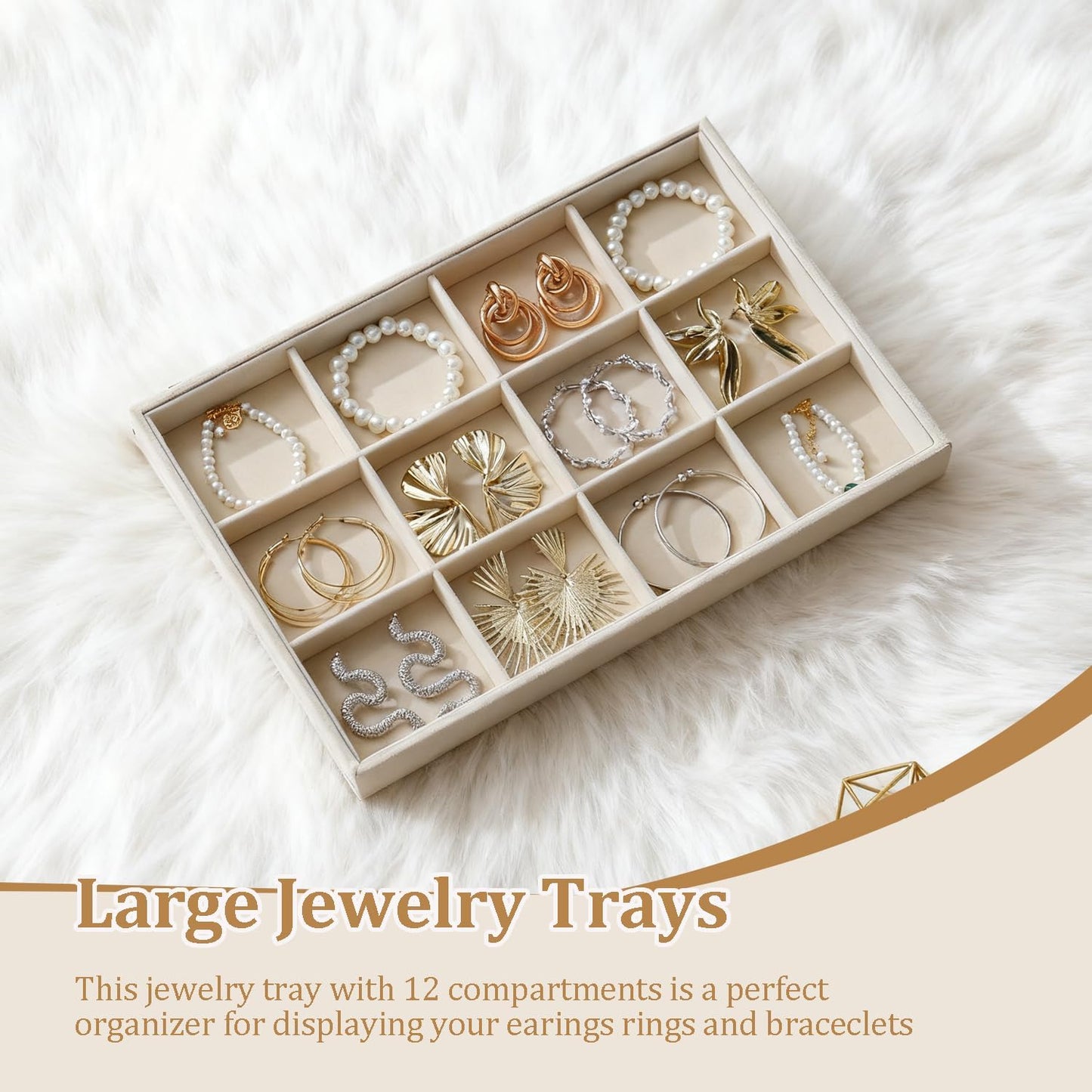 Large Jewelry Organizer for Drawer Insert Velvet Stackable Jewelry Trays for Earring Necklace Bracelet Ring Display (Beige, 12 Grids)