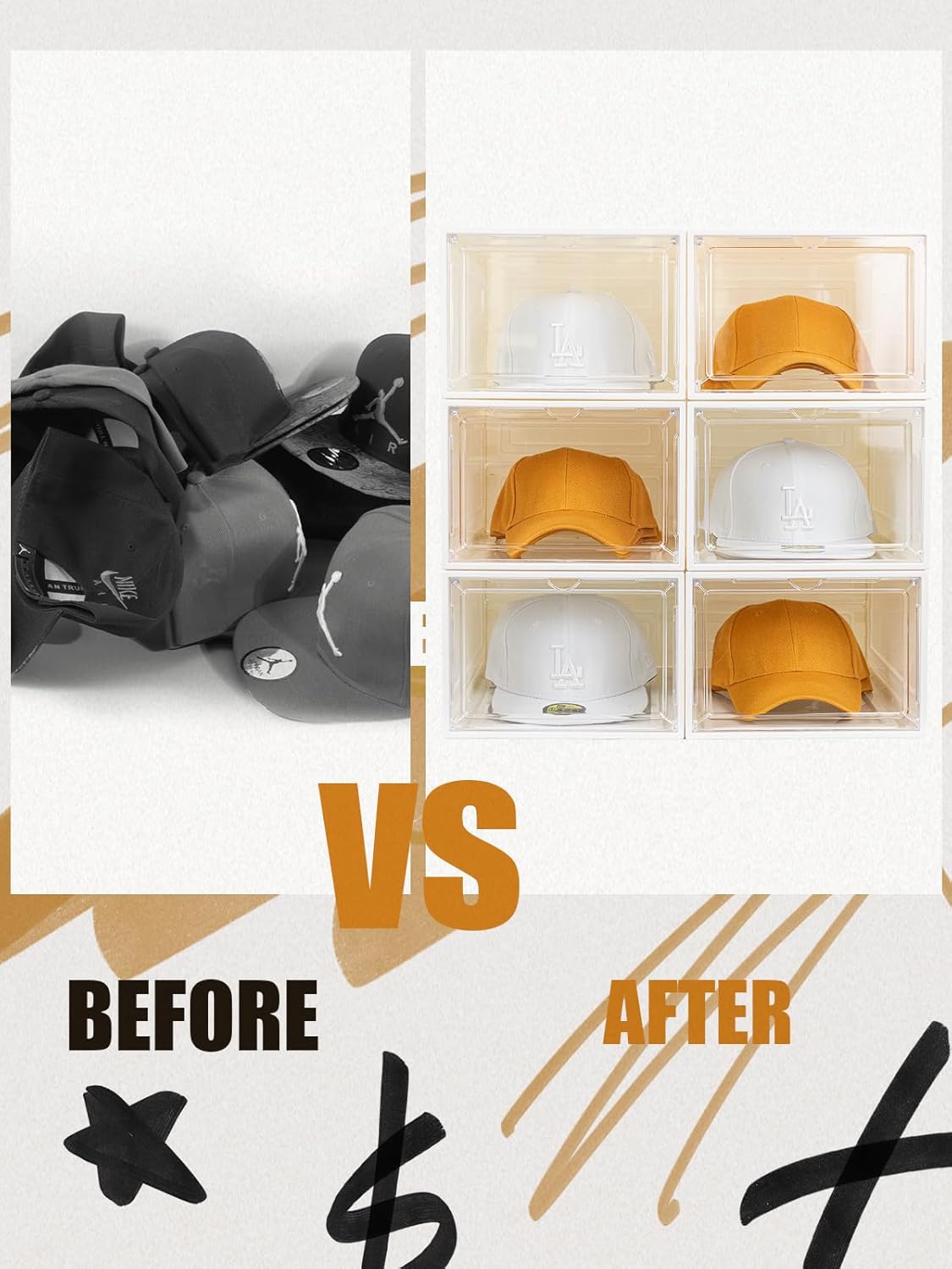 6 Pack Hat Organizer Box, Stackable Clear Baseball Caps Holder Box Containers with Magnetic Door for Hats Snapback Cap Storag, Hat Rack Display Case, Holds 8 Hats Each (White)
