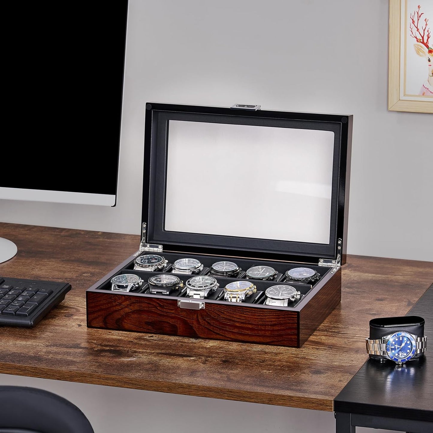 BEWISHOME Watch Box, 10-Slot Wooden Watch Case, Mens Watch Box for Men Watch Storage Organizer, Watch Holder Watch Display Case for Anniversary Birthday Brown SSH10Y
