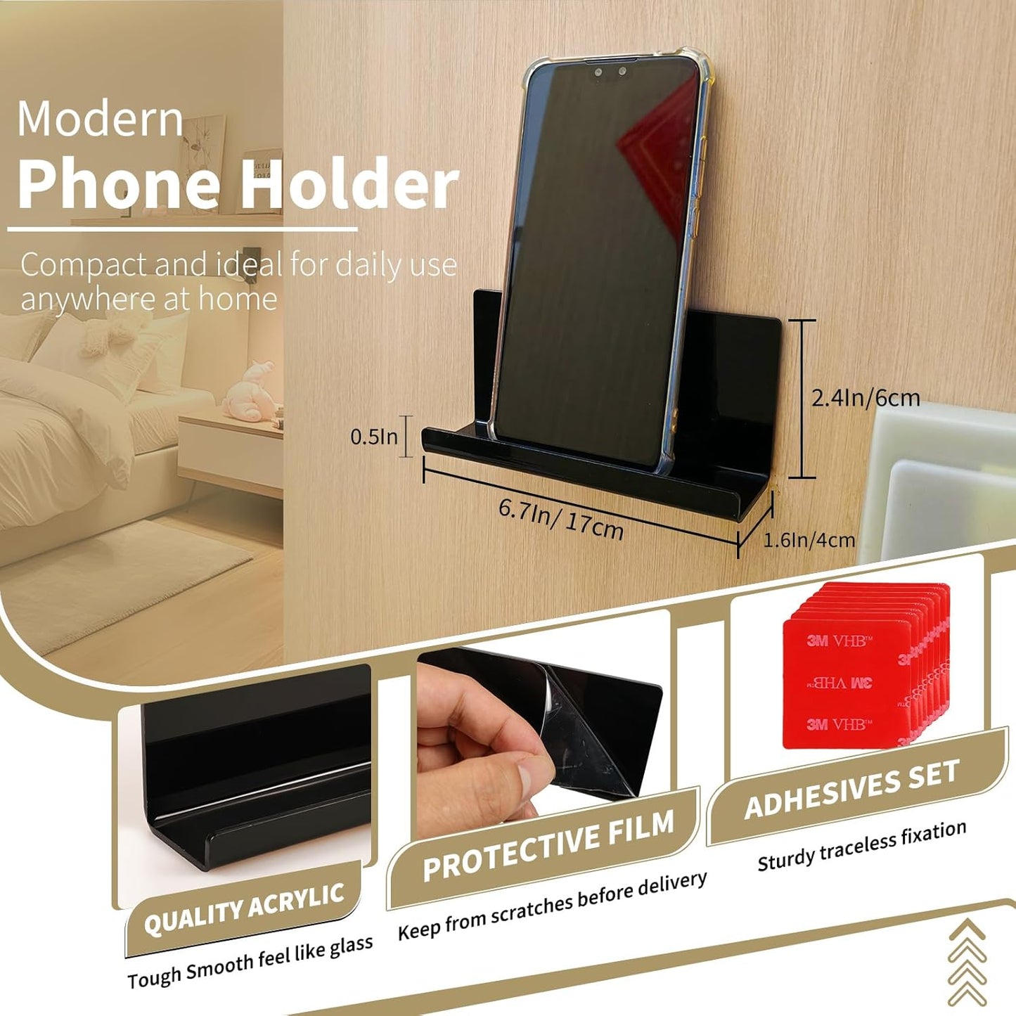 Adhesive Tablet Wall Mounted Phone Holder Acrylic Floating Shelves,eReader Wall Smartphone Holder Stand for Bedroom,Living Room,Dorm,Office Display Shelf (Black)
