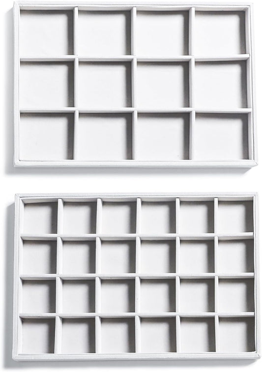 Frebeauty Stackable Velvet Jewelry Organizer Trays for Drawers Inserts Jewelry Storage Tray Display Case, Stud Earrings Bracelets Necklace Rings Accessories Trays for Women(Set of 2)(White)