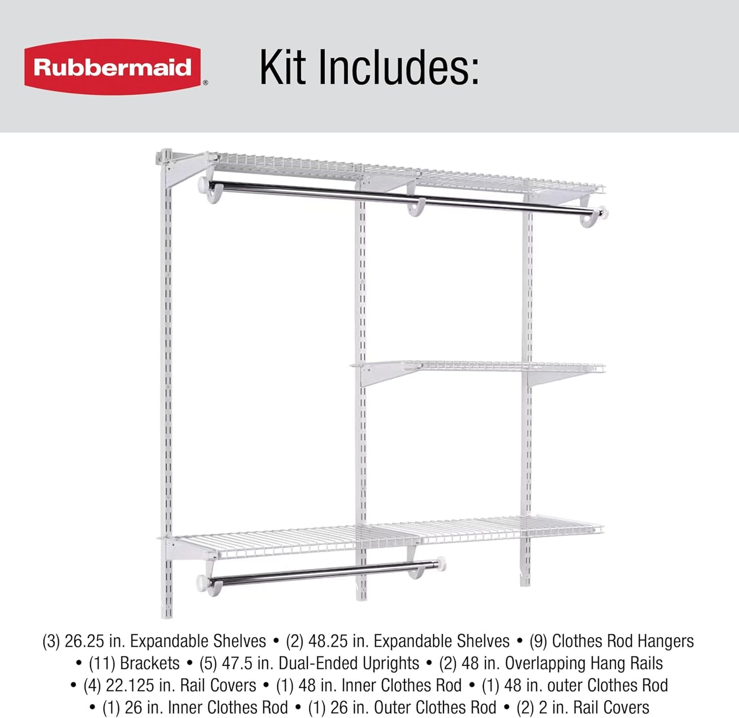 Rubbermaid Configurations Custom Closet Kit 6-10 Ft. Adjustable Metal Wire Shelving White Finish Expandable Organization System Hardware Included for Home Closet/Pantry/Laundry/Mudroom