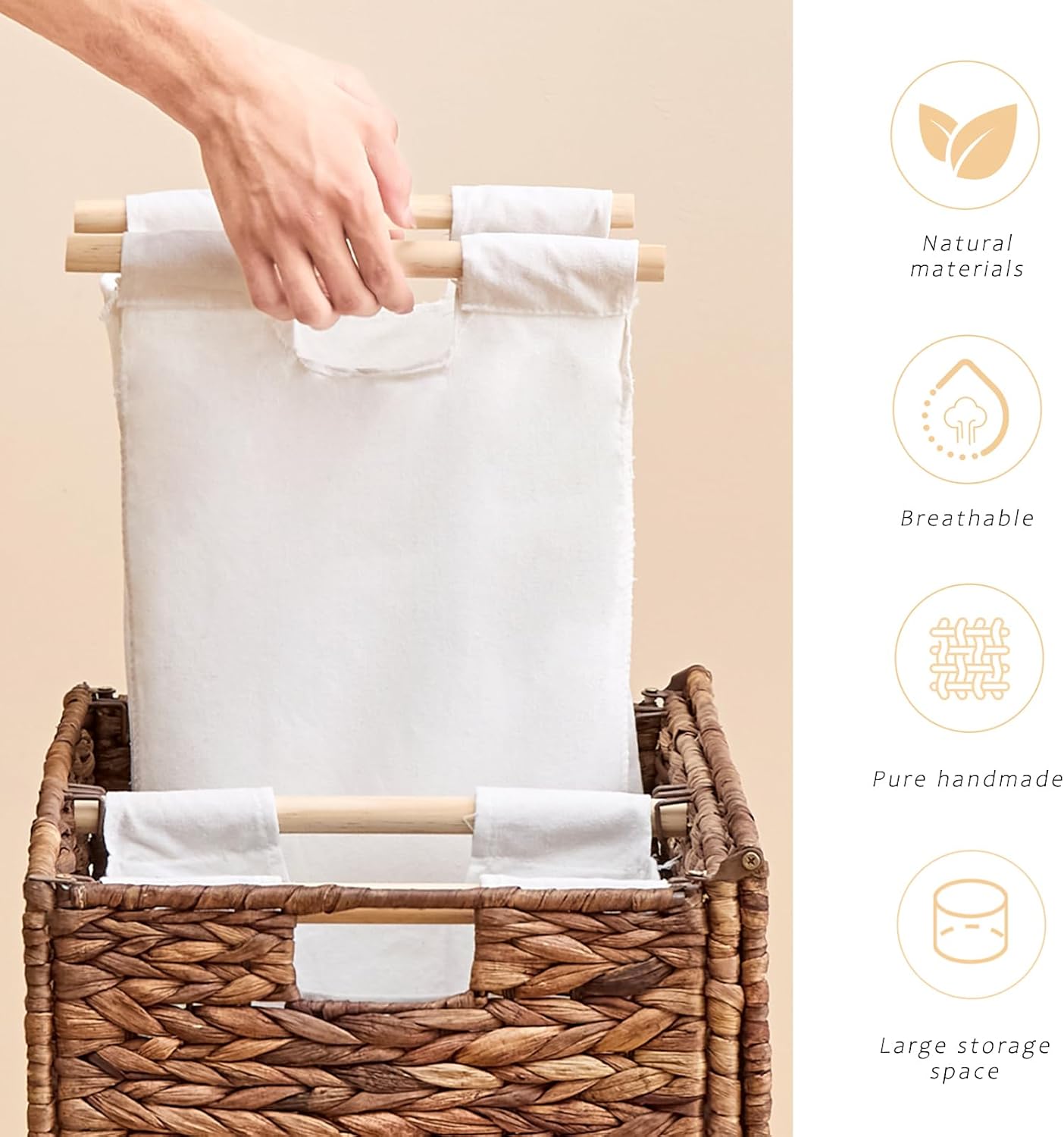 Handwoven Large Laundry Hamper with Lid and 2 Removable Liner Bags, Heightened Feet Natural Hyacinth Clothes Hamper,Wicker Laundry Basket for Clothes and Towels