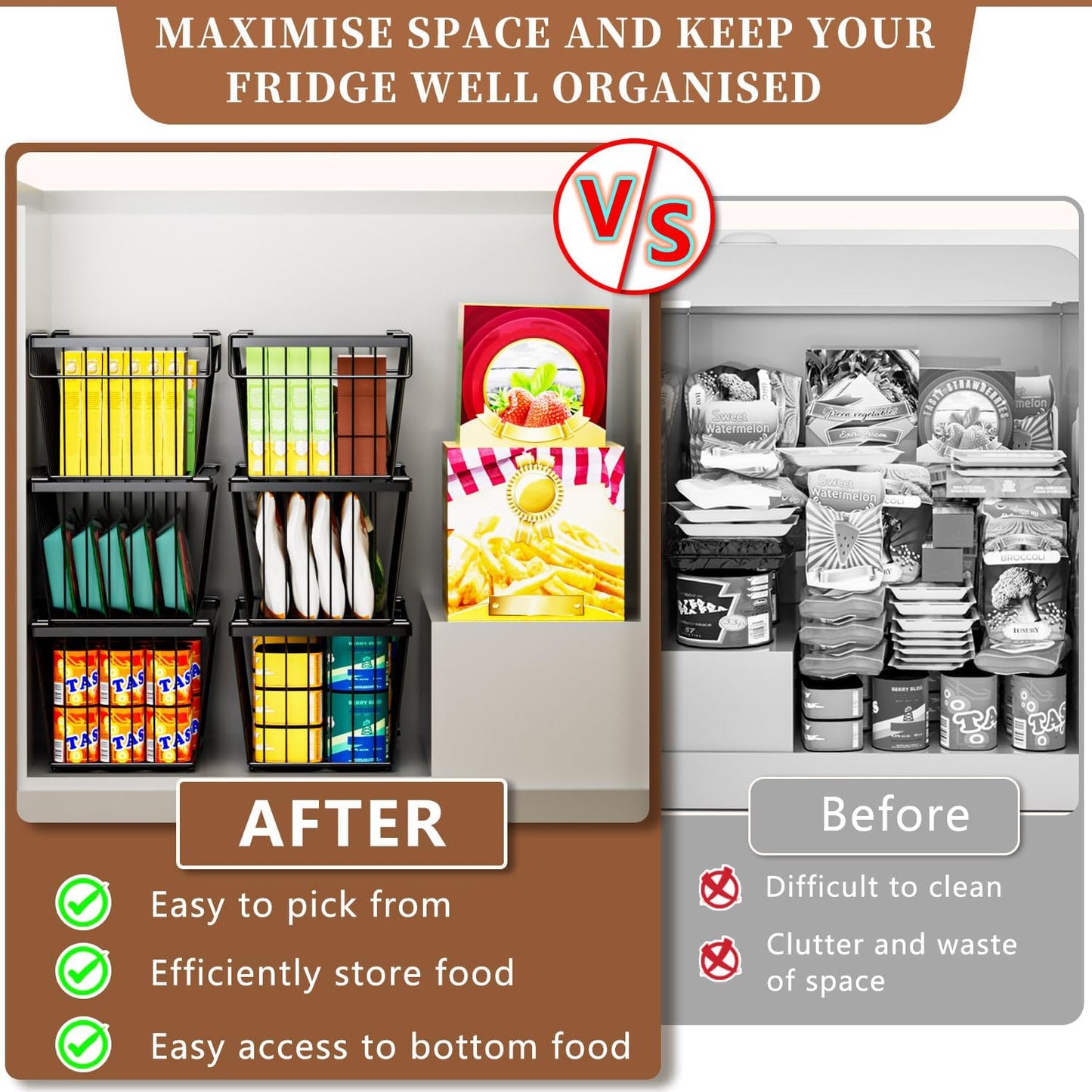 Enhanced Leak-Proof Bottom - Freezer Organizer Bins ，6 Pack Stackable Deep Freezer Organizer Bins for 7 Cu.FT Small Chest Freezer，Easy Get Bottom Foods without Digging