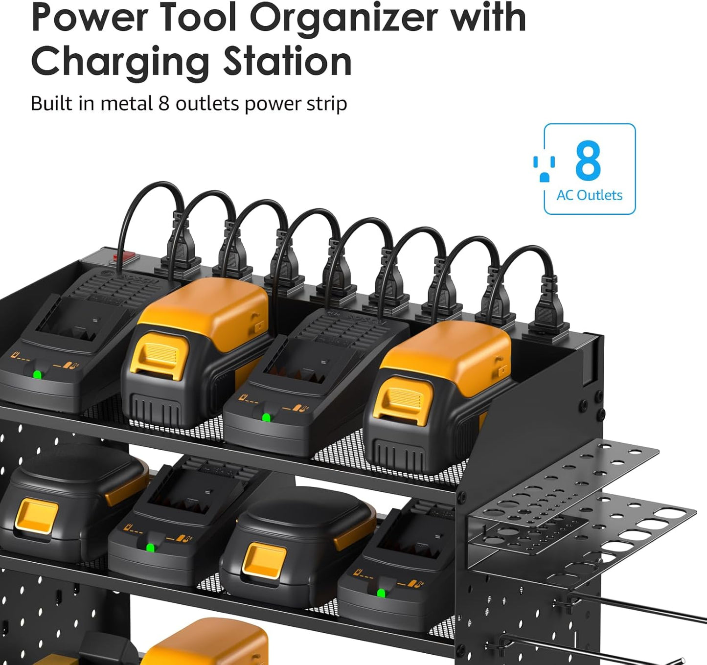 CCCEI Modular Pegboard Rack Power Tool Organizer with Charging Station. 4 Layer Wall Mount Drill Holder, Tools Battery Charger Organizer. Garage Shop Storage Utility Shelf with 6FT Power Strip. Black