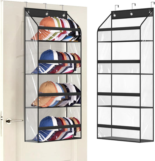 AOODA Clear Over the Door Hat Racks for Baseball Caps, Hold 48 Caps Hat Storage Organizer for Closet Wall, Deep Pockets Hanging Snapback Holder Shelves with 3 Hooks, Black