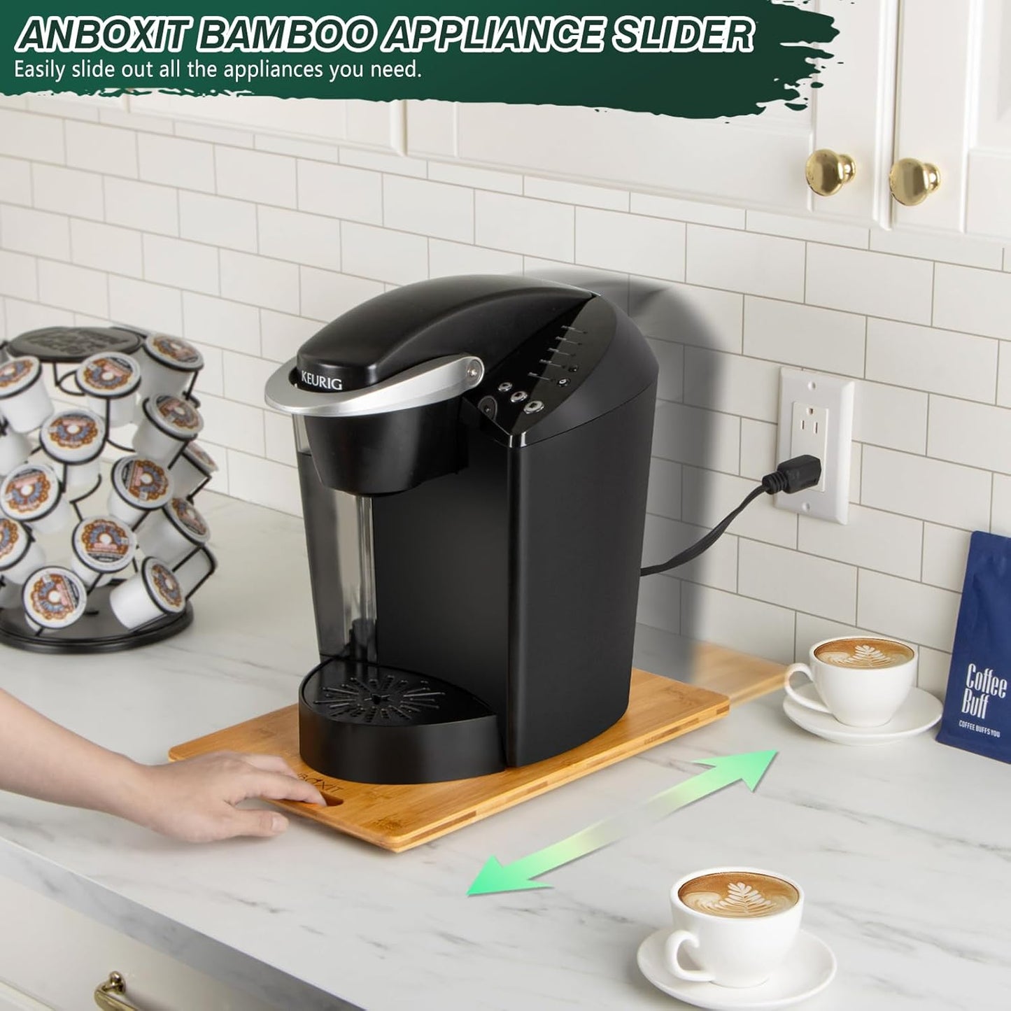 Bamboo Appliance Slider, Sliding Tray for Coffee Maker, Kitchen Countertop Appliance Rolling Tray, Coffee Pot Slider Tray with Rubber Wheels, Deep - Medium (14.5"D x 9.5"W)