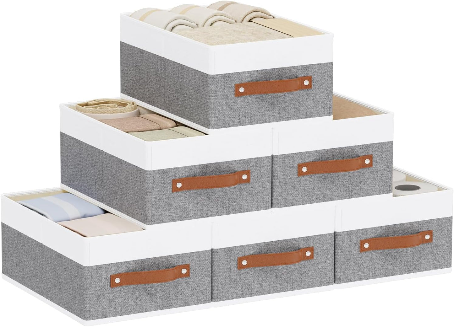Clothing Storage Boxes, Drawer Organizers with Handles, Cube Organizer Bin for Organizing, 13 × 9.1 × 5.5 Inch, White and Grey, 6-Pack