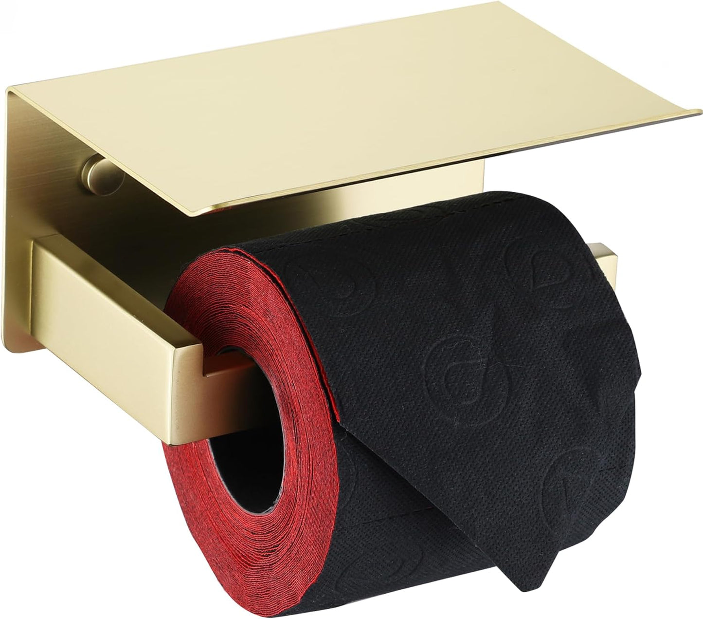 LANC Gold Toilet Paper Holder with Shelf Brushed Gold Toilet Tissue Roll Holder with Phone Shelf for Bathroom Wall Mounted and Self-Adhesive Toilet Paper Roll Holder Stainless Steel, A8367BG