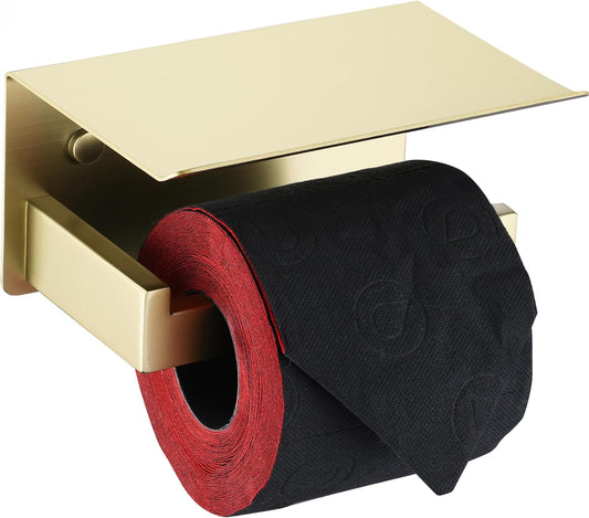 LANC Gold Toilet Paper Holder with Shelf Brushed Gold Toilet Tissue Roll Holder with Phone Shelf for Bathroom Wall Mounted and Self-Adhesive Toilet Paper Roll Holder Stainless Steel, A8367BG