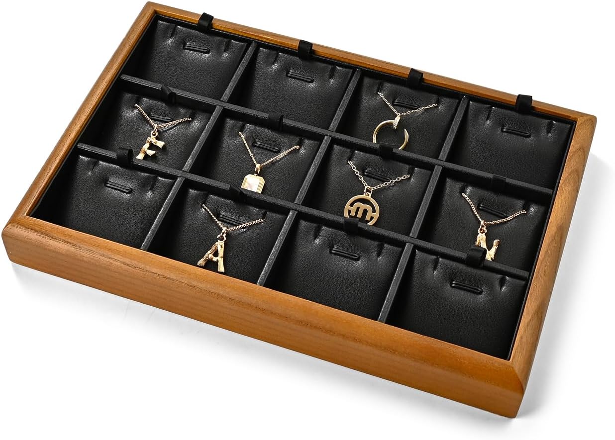Oirlv Solid Wood 12 Grid Liner Pendant Jewelry Organizer Tray Jewelry Drawer Organizer(Black)