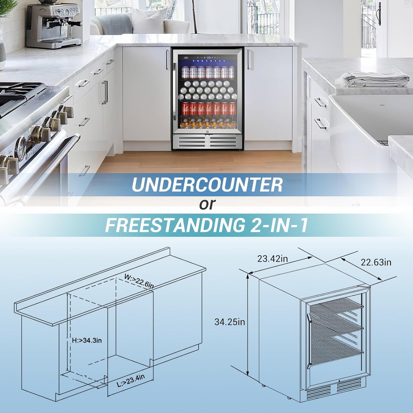 24 Inch Beverage Refrigerator, 210 Cans Under Counter Beverage Cooler, 24" Space Built-In Beer and Drink Fridge with Glass Door for Soda, Water, and Milk - For Kitchen, Bar or Office