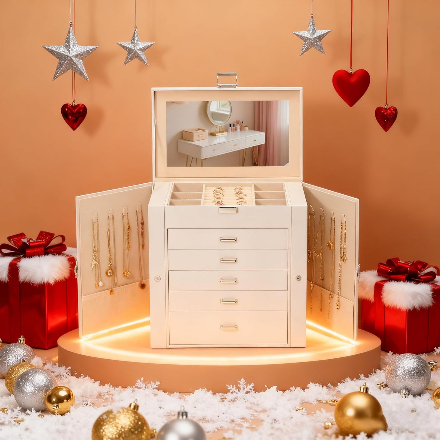 BOOVO Jewelry Box For women, 6 Layer Large Jewelry Organizer With Mirror, Multi-Function Storage Box With Lock, Necklace Holder With 5 Drawers, For Earrings Necklace Bracelet (Silver and White)
