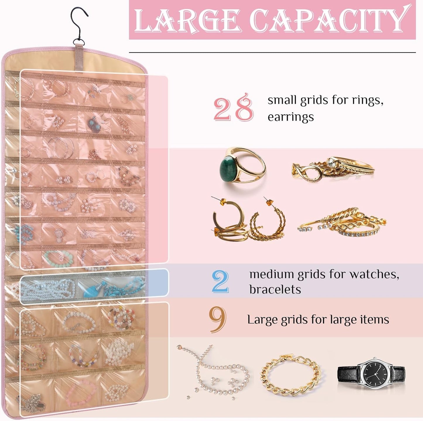 2 Pack Hanging Jewelry Organizer Storage with 39 Pockets, 30 Necklace Hooks Double Sided Wall Mount Earring Holder Organizer Bracelet Necklace Jewelry Display Hanger for Closet Door(Pink)