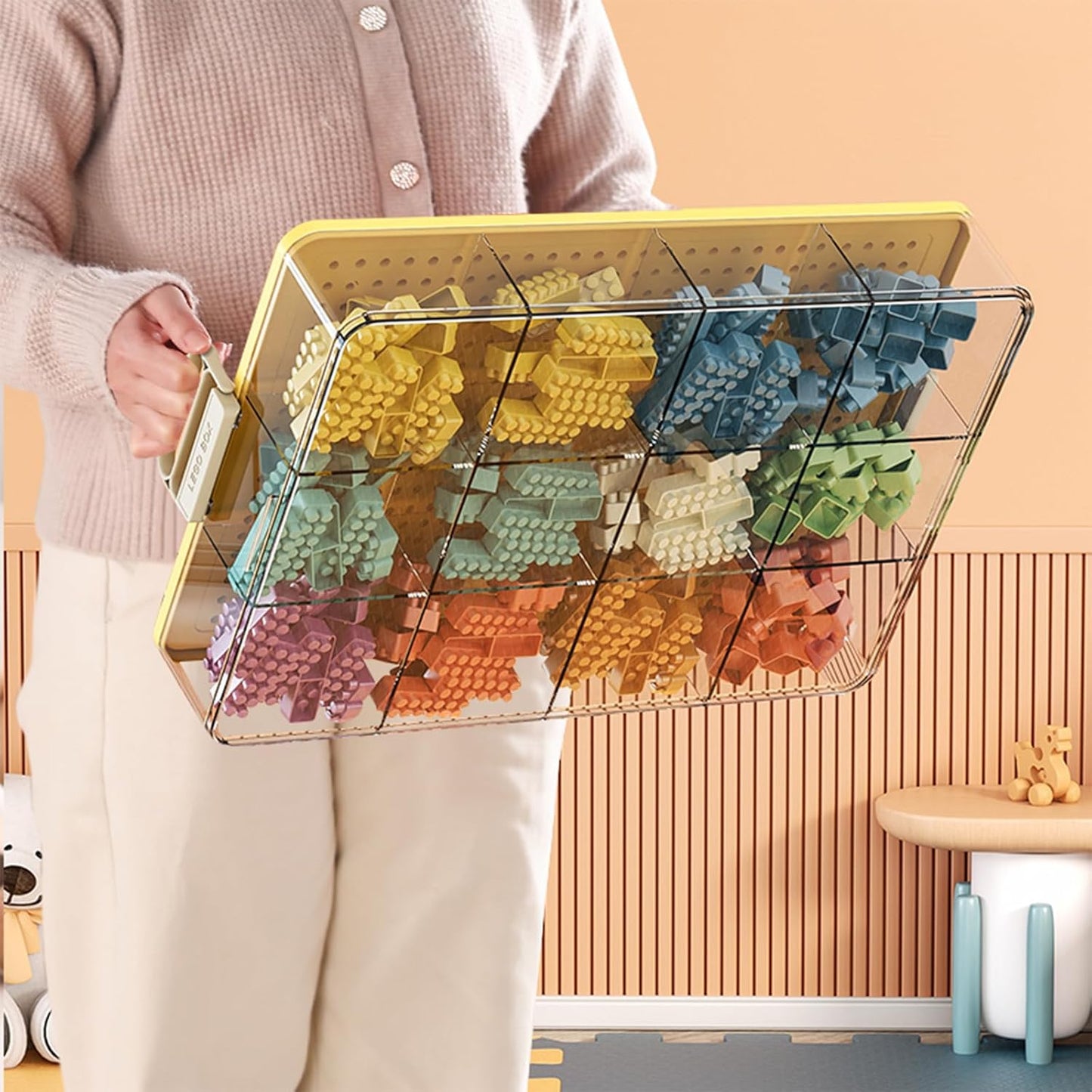Toys Storage Organizer Bins for Lego, Stackable Toys Organizer, Lego Building Block Storage, Toy Storage Box with 24 Palace Grids, Plastic Stackable Organizer Bins (Yellow 2layers)