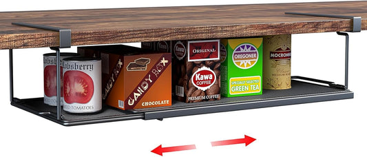 Expandable Under Cabinet Shelf, Extendable Under Shelf Storage with 0.94 Inches Thick Clips for Pantry Cabinet, Laundry Room, Shoe Rack. (Black, 1 Pack, Interior: 3.66" H x 8.26" D)