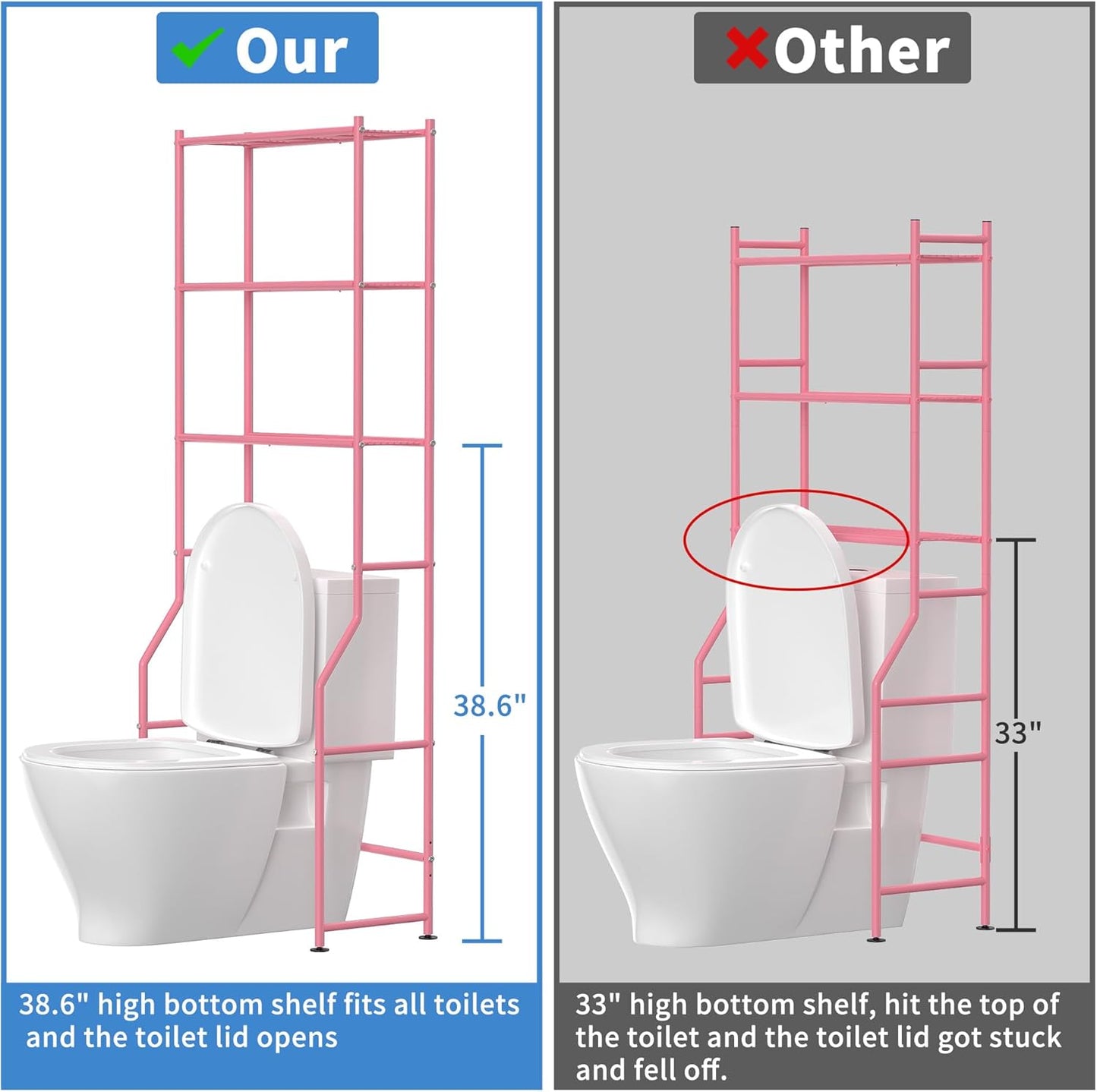 3-Tier Over The Toilet Storage, Freestanding Metal Bathroom Shelves, Space Saver Above The Over Toilet Storage Shelf for Bathroom (Pink)