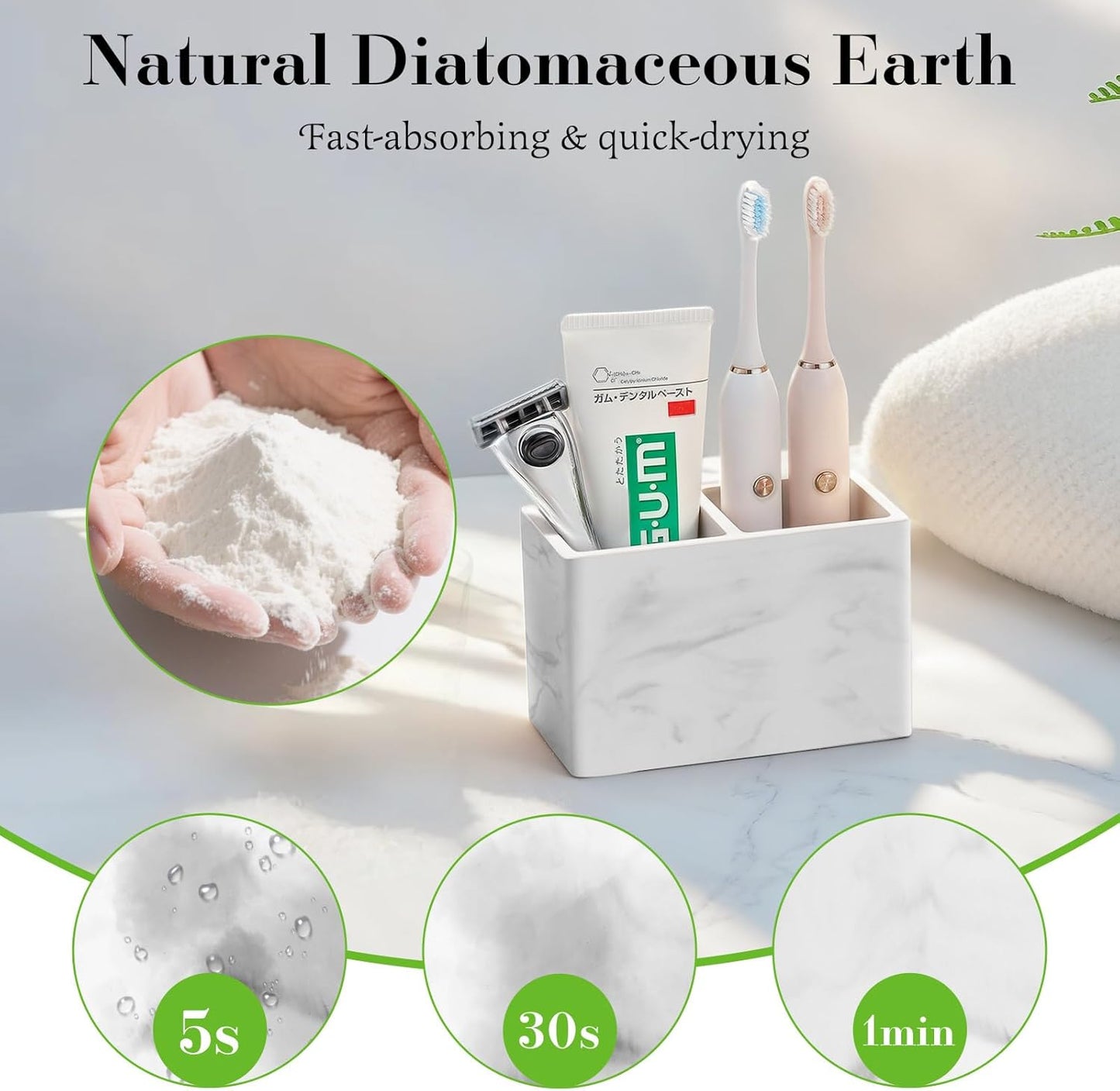 Luxspire Toothbrush Holder, Fast Drying Tooth Brush Holder for Bathroom, Diatomite Electric Tooth Brush and Toothpaste Organizer for Bathroom Kitchen Vanity Countertop, Marble White