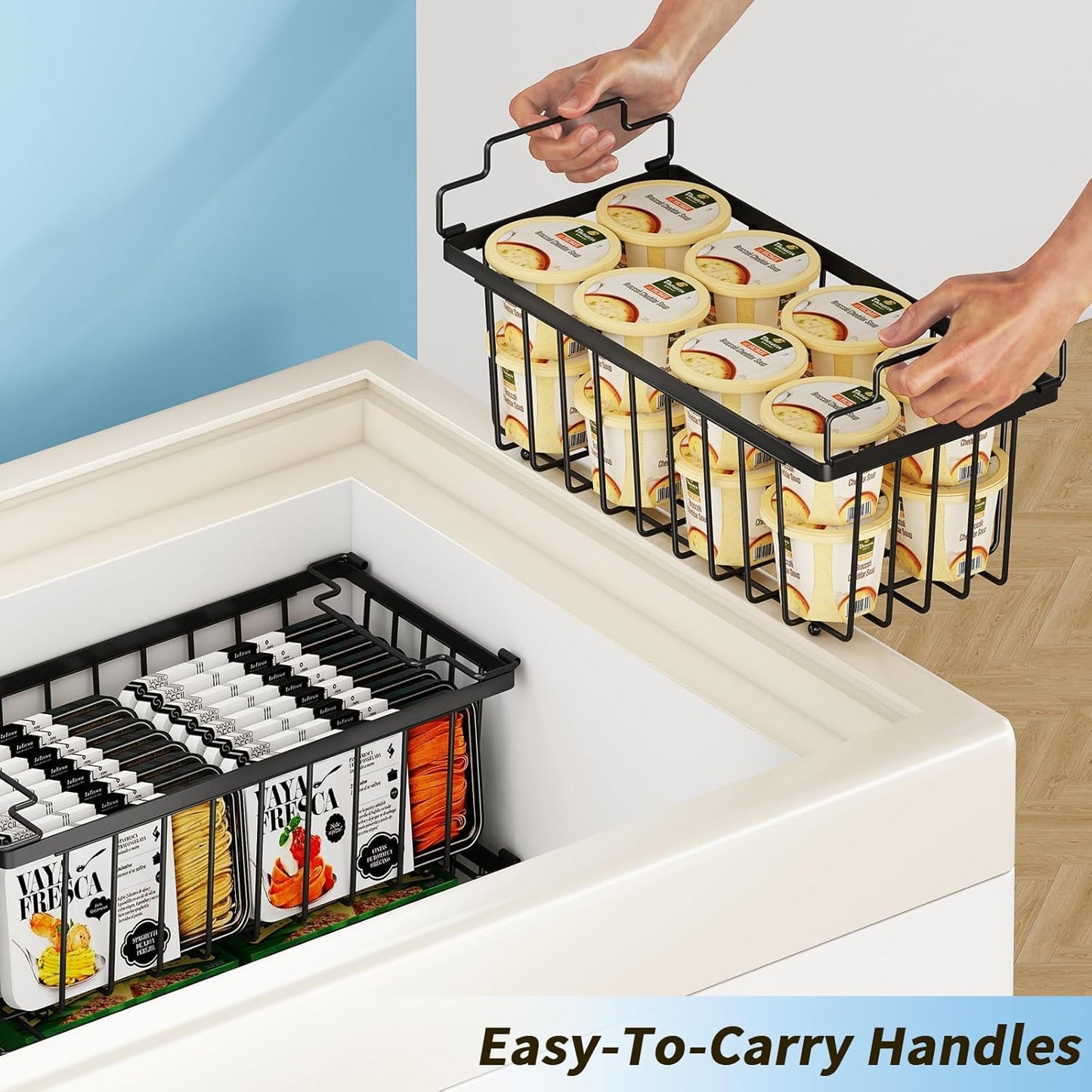 4 Pack Freezer Organizer Bins(14.6‘’L X 7.1‘’W X 5.2‘’H) Suitable for 5-7 Cu.Ft Chest Freezer Sort Frozen Meats | Stackablet Chest Freezer Organizer Bins Get Food Easily w/Handle, Gifts Ideas for Mom