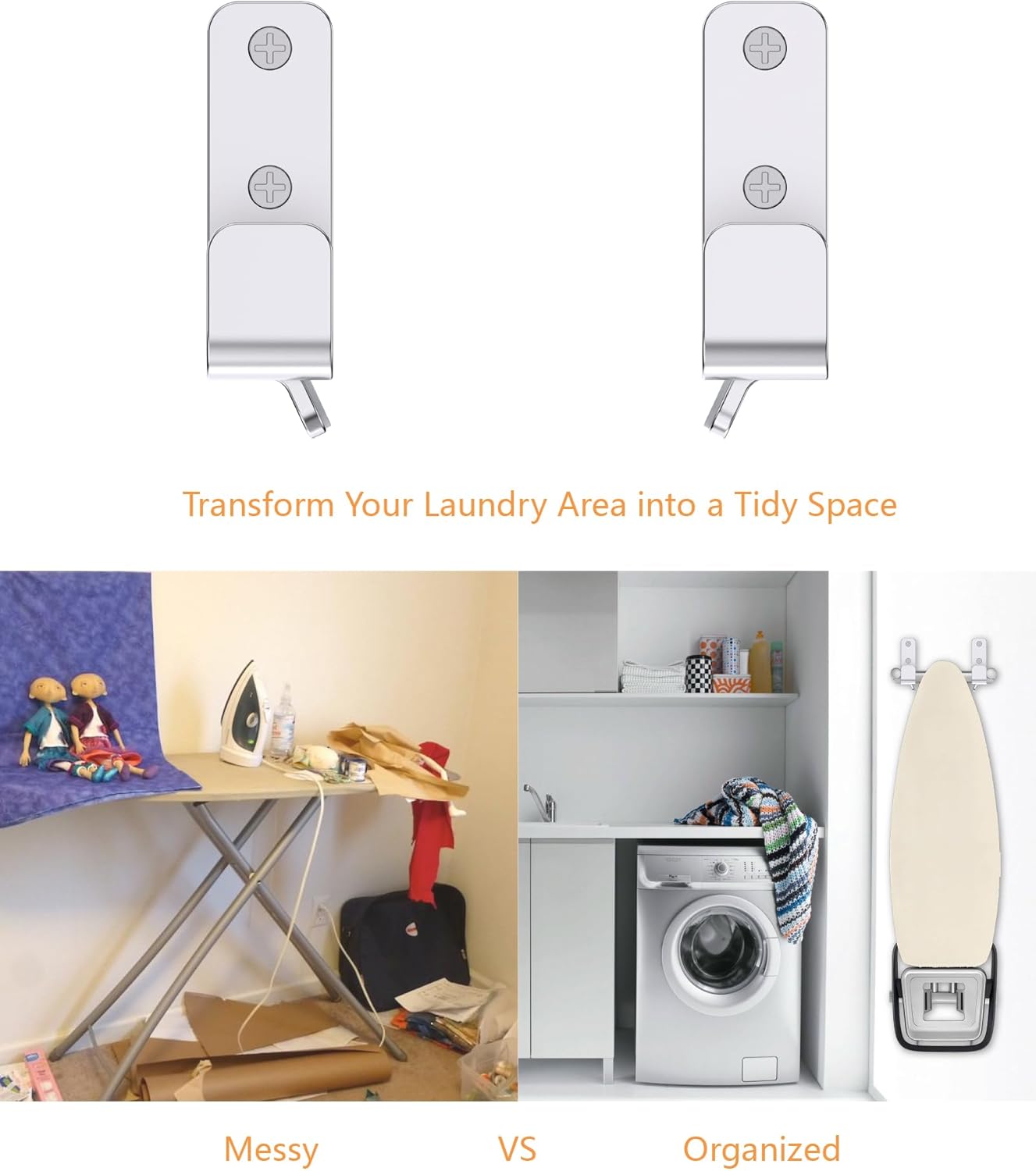 2PCS Ironing Board Wall Hook Modern Wall Mount Ironing Board Hanger for Laundry Rooms Rack Hanging Shelf Hanger Stainless Steel,Silver
