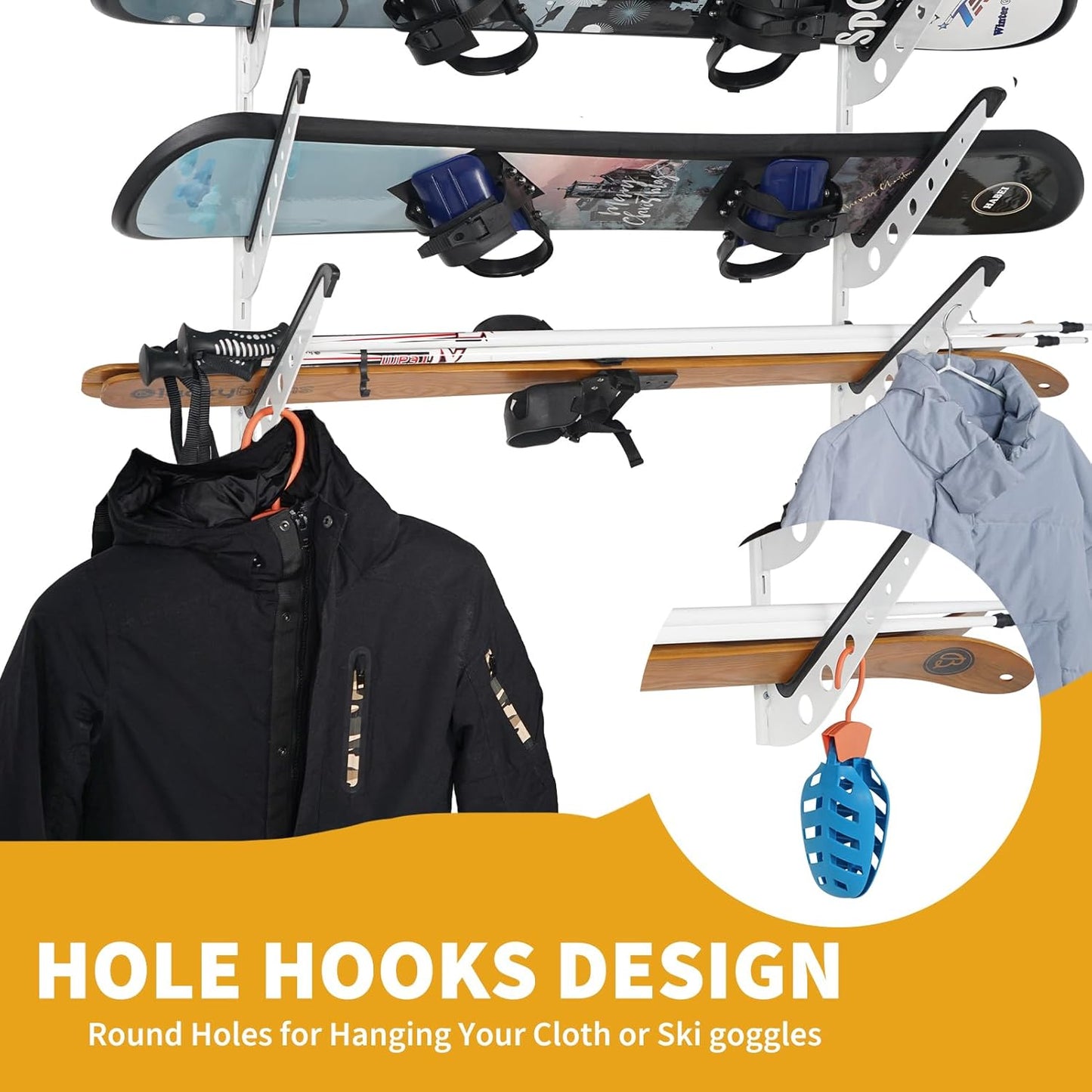 Snowboard Wall Racks, Adjustable Storage Rack for Ski, Surfboard, Wakeboard, Snowboard Wall Mount Display, White/Black
