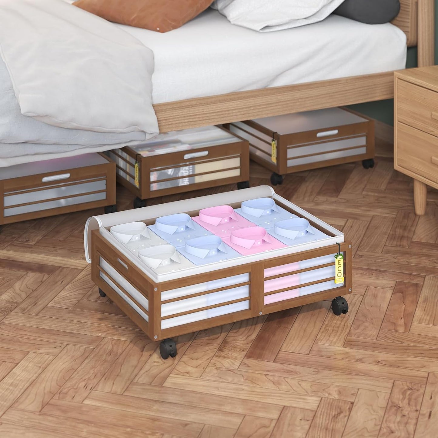 Bamboo Underbed Storage Containers with Wheels & Bag 2 Pack, Large Under Bed Rolling Storage Bins Wood Under Bed Clothes Storage Stackable Drawers for Bedroom Closet Under Crib Toy(Walnut)