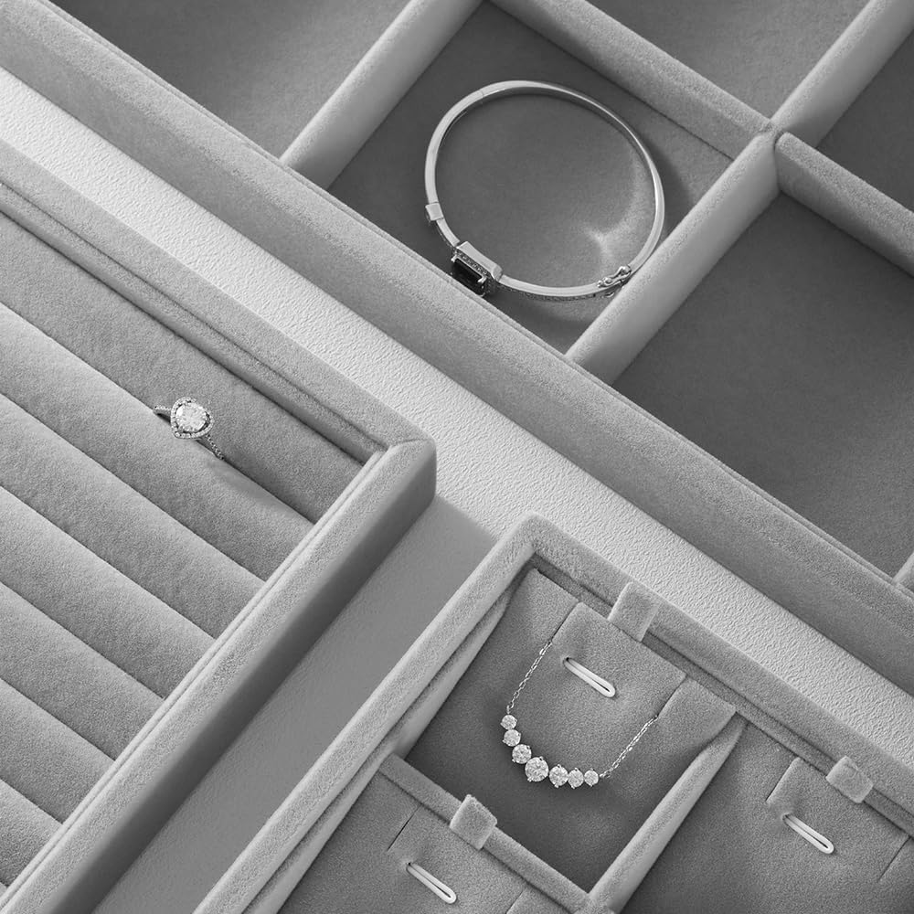 Velvet Stackable Jewelry Display Tray, 12 Grid Watch Bangle Bracelet Storage Tray, Makeup Drawer Insert Jewelry Shop Organizer Plate (Gray)