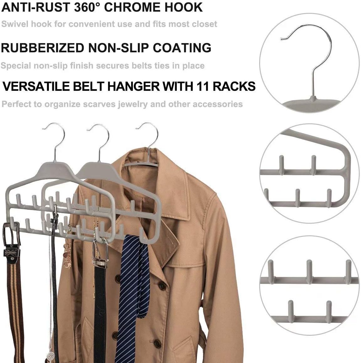 FairyHaus Belt Hanger Organizer 2 Pack, Non Slip Tie Rack Holder, Durable Hanging Closet Accessory Hooks for Belts, Ties, Jewelry, Scarves, Tank Tops, Grey