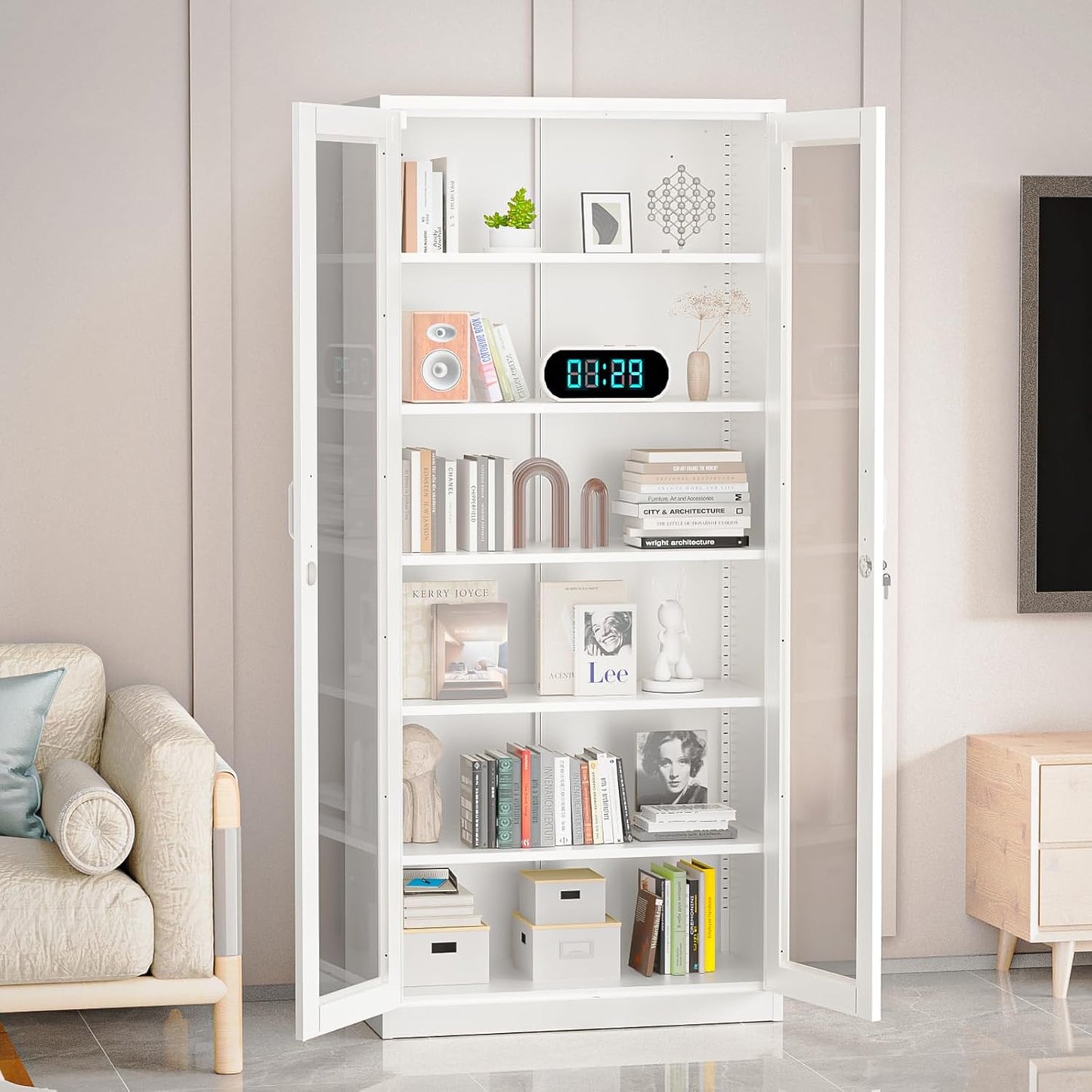 VINGLI Lockable Display Cabinet with Glass Doors & 5 Adjustable Shelves, 71" Tall White Metal Storage Cabinet Curio Liquor, Bookshelf Bookcase for Home Office Living Room Pantry Garage