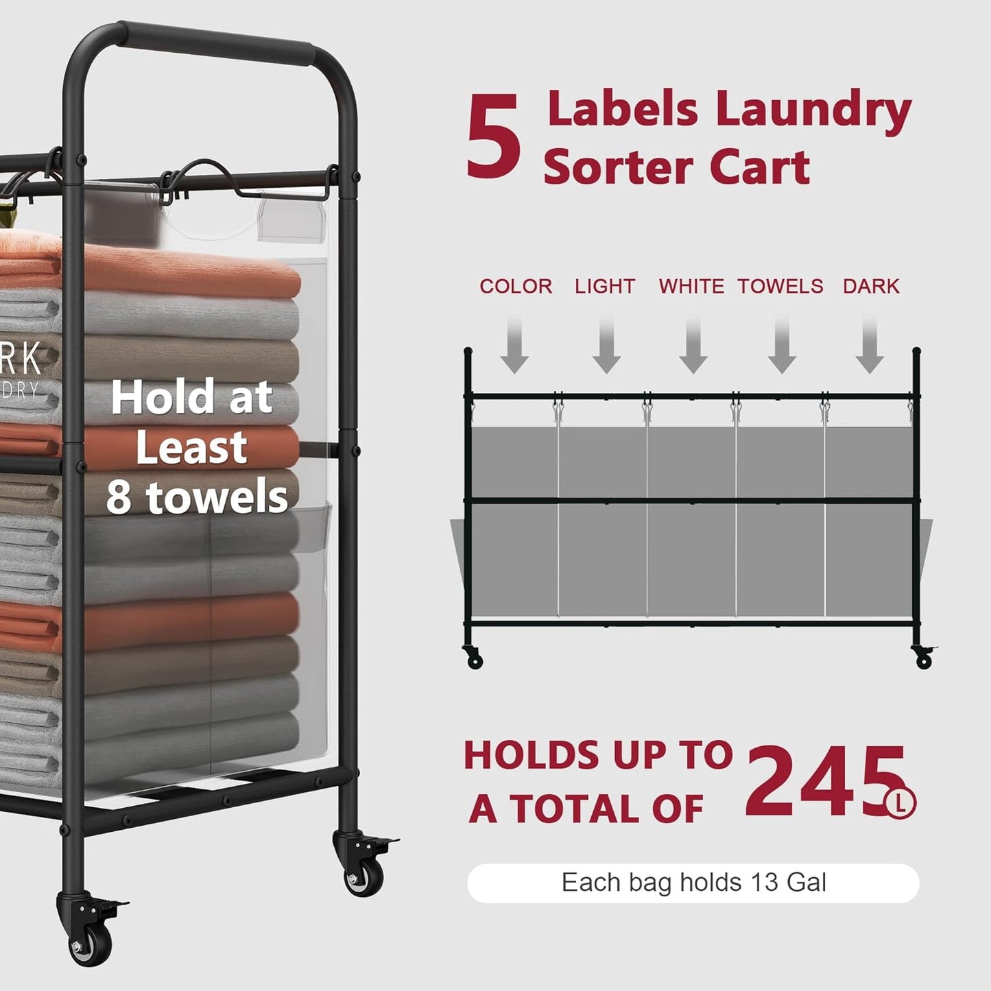 Tajsoon Laundry Sorter, Laundry Hamper 5 Section with Heavy Duty Rolling Lockable Wheels, Laundry Basket Organizer with Removable Bags for Dirty Clothes Storage, Grey