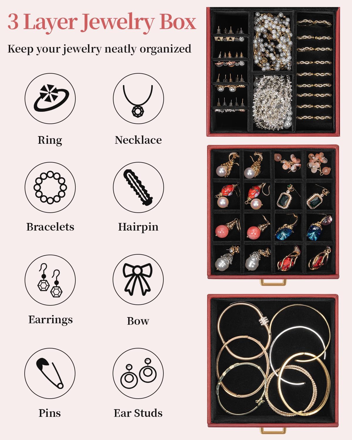 TORIBIO Jewelry Box for Women, Leather Jewelry Organizer with Mirror & Lock, 3-Tier Jewelry Storage Organizer with 2 Drawers for Girls/Women/Mothers, Necklace Earring Bracelets Holder Organizer