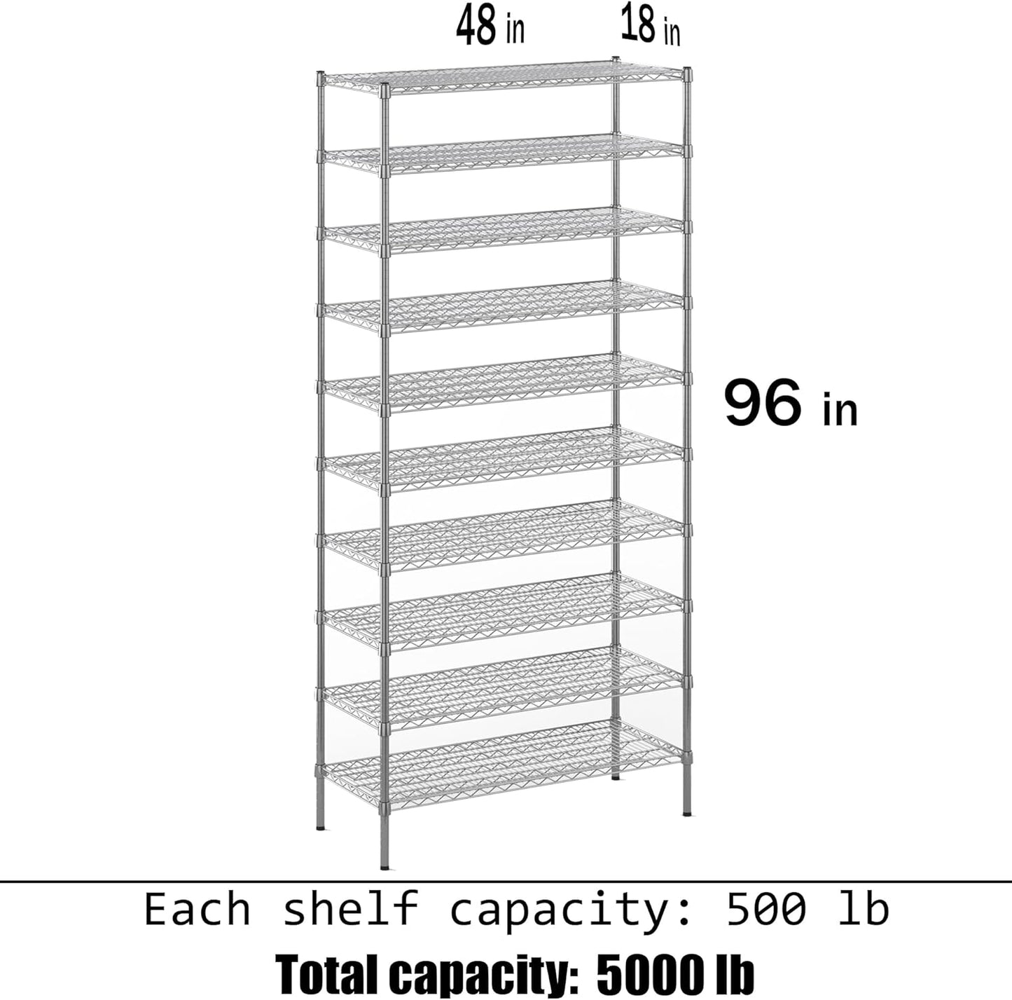 18" Deep x 48" Wide x 96" Height Wire Shelving Kit | 10-Tier | NSF Commercial Storage Rack Unit