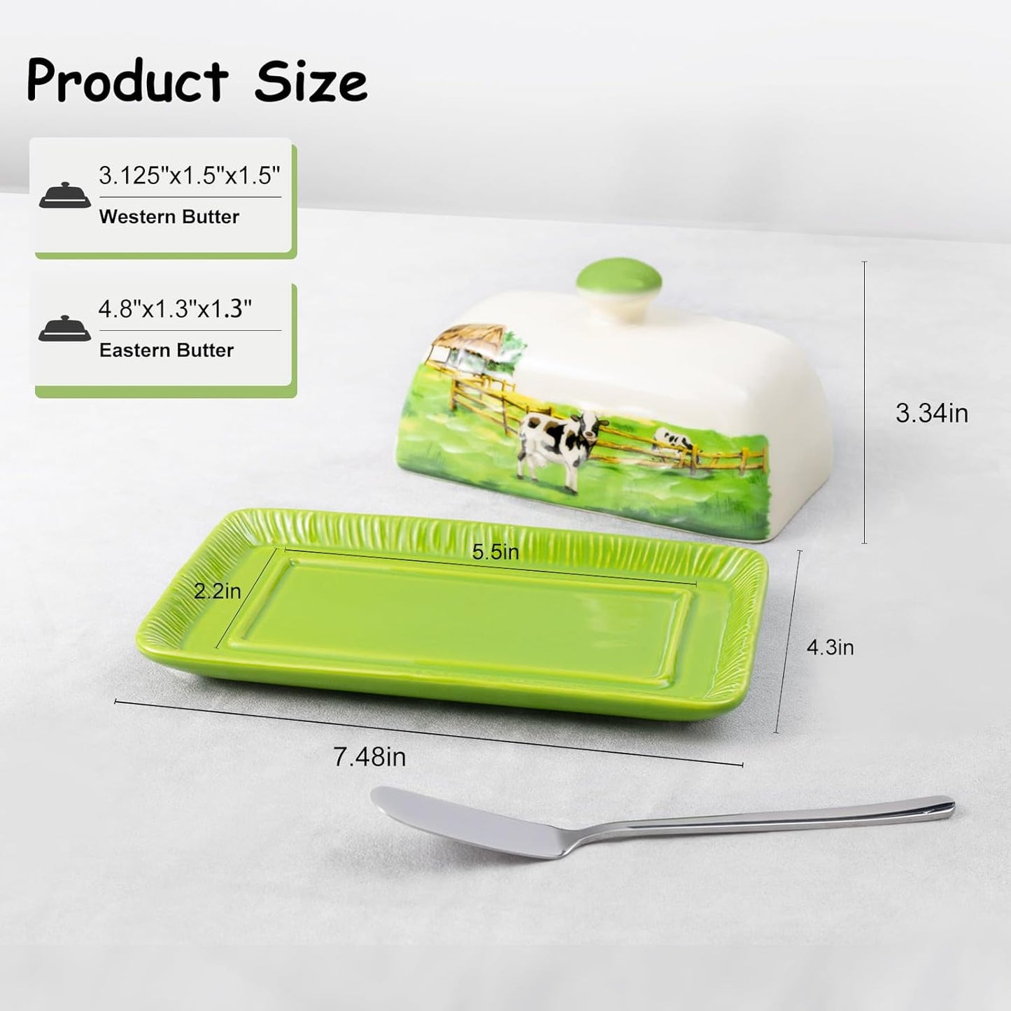 Cow Butter Dish with Lid for Countertop, Large Ceramic Embossed Butter Keeper Holder Storage, Farmhouse Butter Container Tray for East West Coast Butter Cow Kitchen Decor