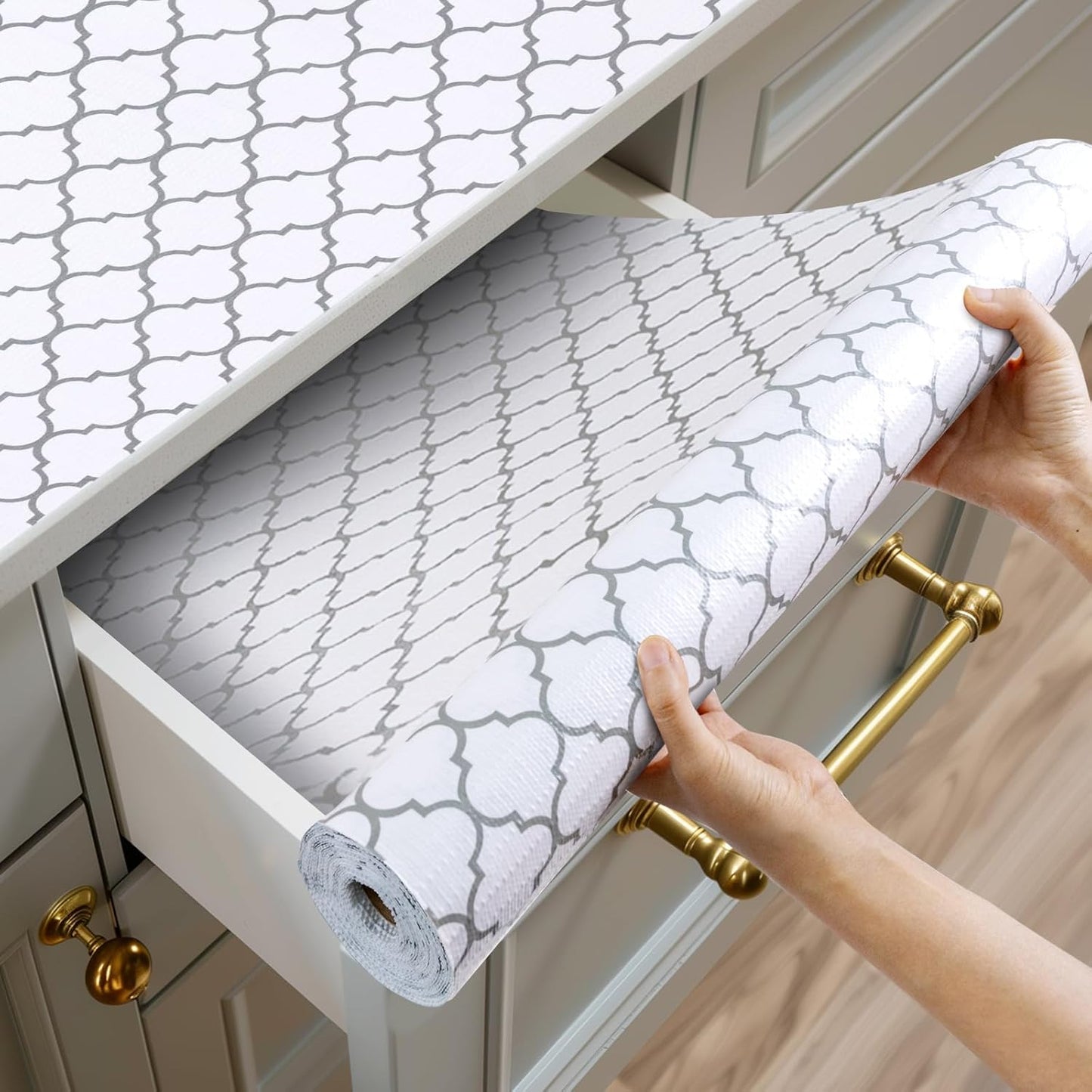 Shelf and Drawer Liner for Kitchen Cabinets Non-Adhesive, Strong Grip Non-Slip Thickened Cabinet Liners for Shelves, Waterproof Mats for Dresser Cupboard, White/Gray, 12 in x 20 Feet