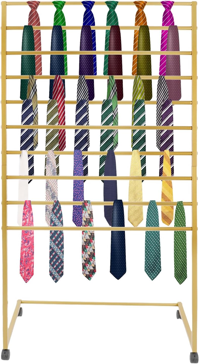 10 Tiers Rolling Display Tie & Scarf Rack Towel Belt Pants Hangers Hijab Stand Ribbon Organizer, Floor Standing Tie Scarves Necktie Holder Hanging Rack for Home Commercial Clothing Retail Store