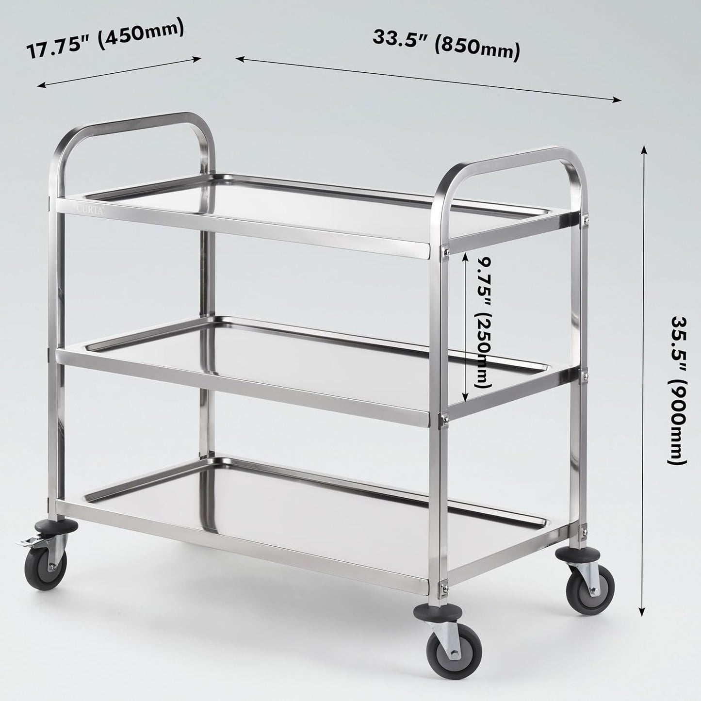 CURTA Stainless Steel Serving Trolley, 34" L x 18" W x 36" H 3 Tiered Shelf Kitchen Utility Cart, Rolling Casters Brake Wheel, Commercial Pro for Restaurant/Hotel/Lab/Clinic/Salon/Workshop