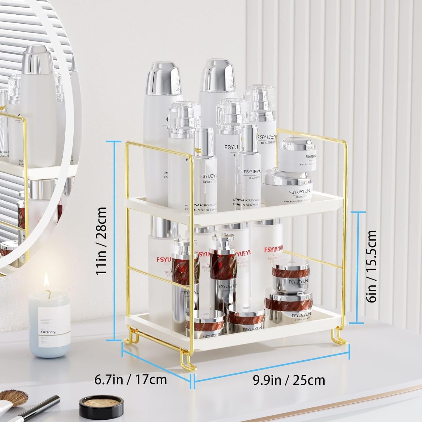 FSyueyun 2-Tier Bathroom Countertop Organizer, Tool-Less Installation Premium Plastics Makeup Shelf Organizer Perfume Skincare for Dresser Vanity Tray Organizers and Storage (Gold)
