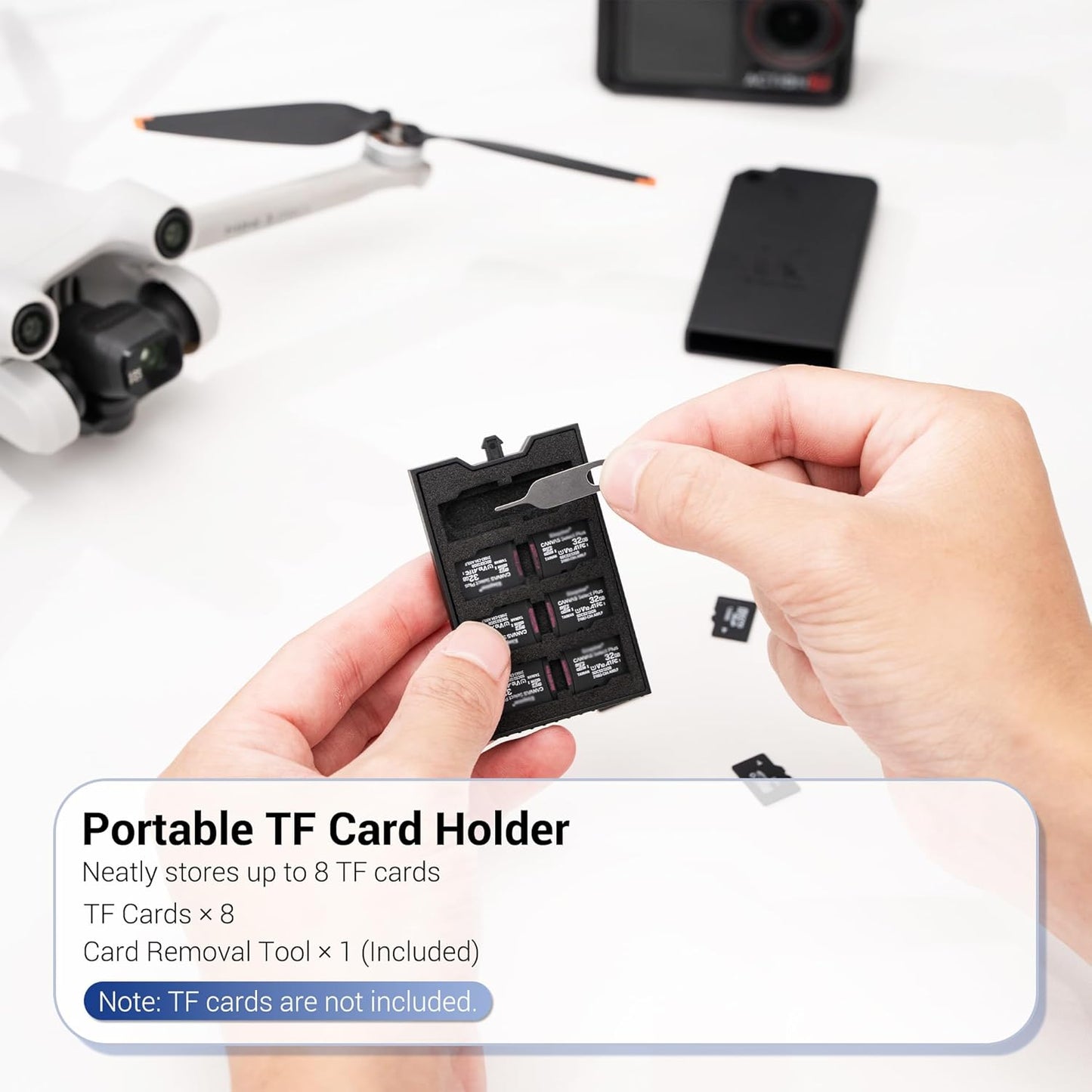 Pop-up Small TF Memory Card Case Holder for 8 TF MSD Cards with Carabiner, Portable Anti-Shock Splash-Proof MicroSD Card Case Storage Protector Organizer Keeper Container, Card Remove Tool Included