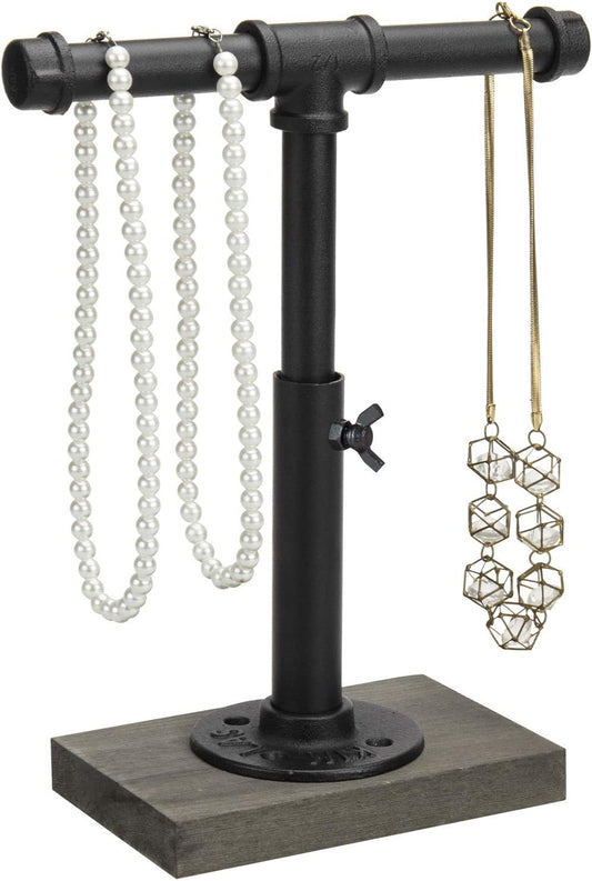 MyGift Adjustable Height Industrial Pipe Organizer Stand - Rustic T-Bar for Jewelry, Headphones, Medals, Kitchen Utensils & Display, Gray Wood Base (Black/Gray, Country Style)