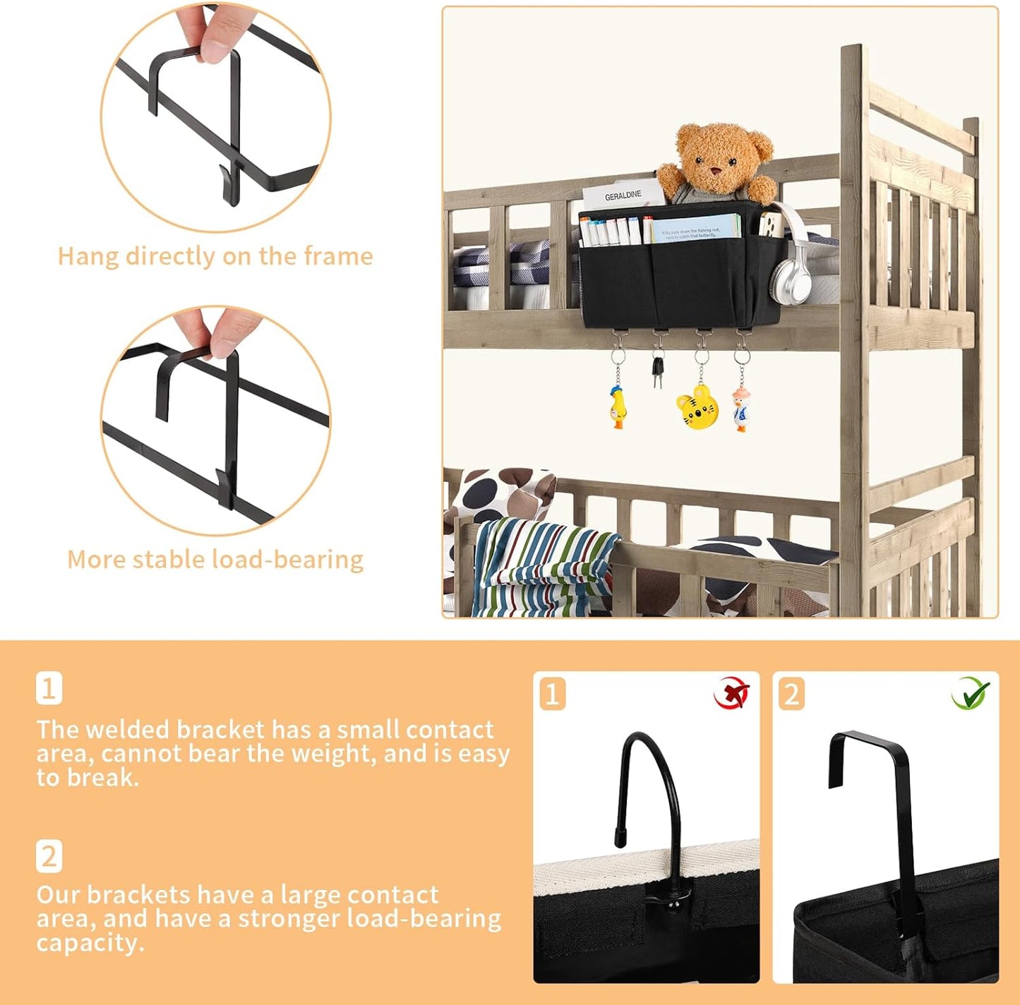 Bedside Storage Organizer 5 Pockets with 4 Hooks Hanging Storage Bag for Headboards/Bunk Bed (Black)