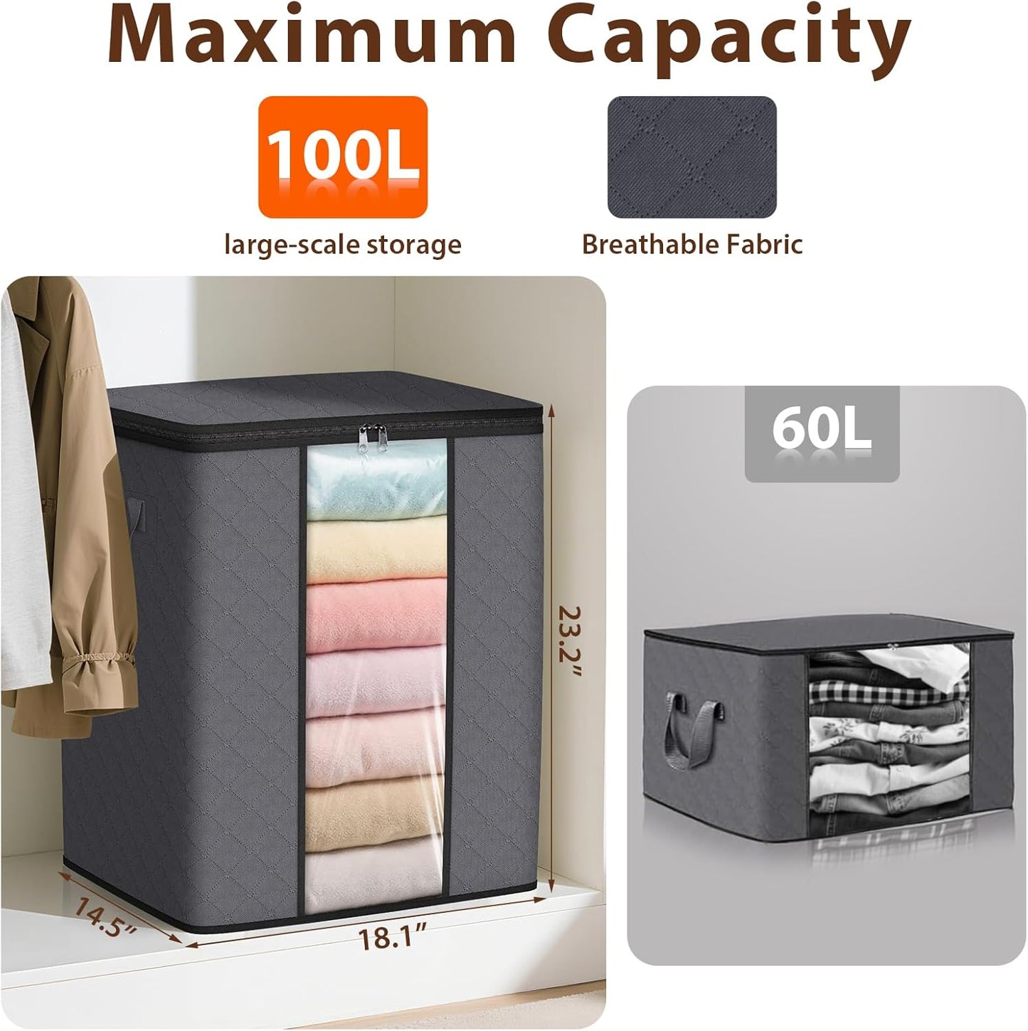 SpaceWhisper 8 Pack 100L Clothes Storage, Foldable Thick Fabric Blanket Storage Bags, Containers for Organizing Bedroom, Closet, Clothing, Comforter,Closet Organization with Handle,Grey