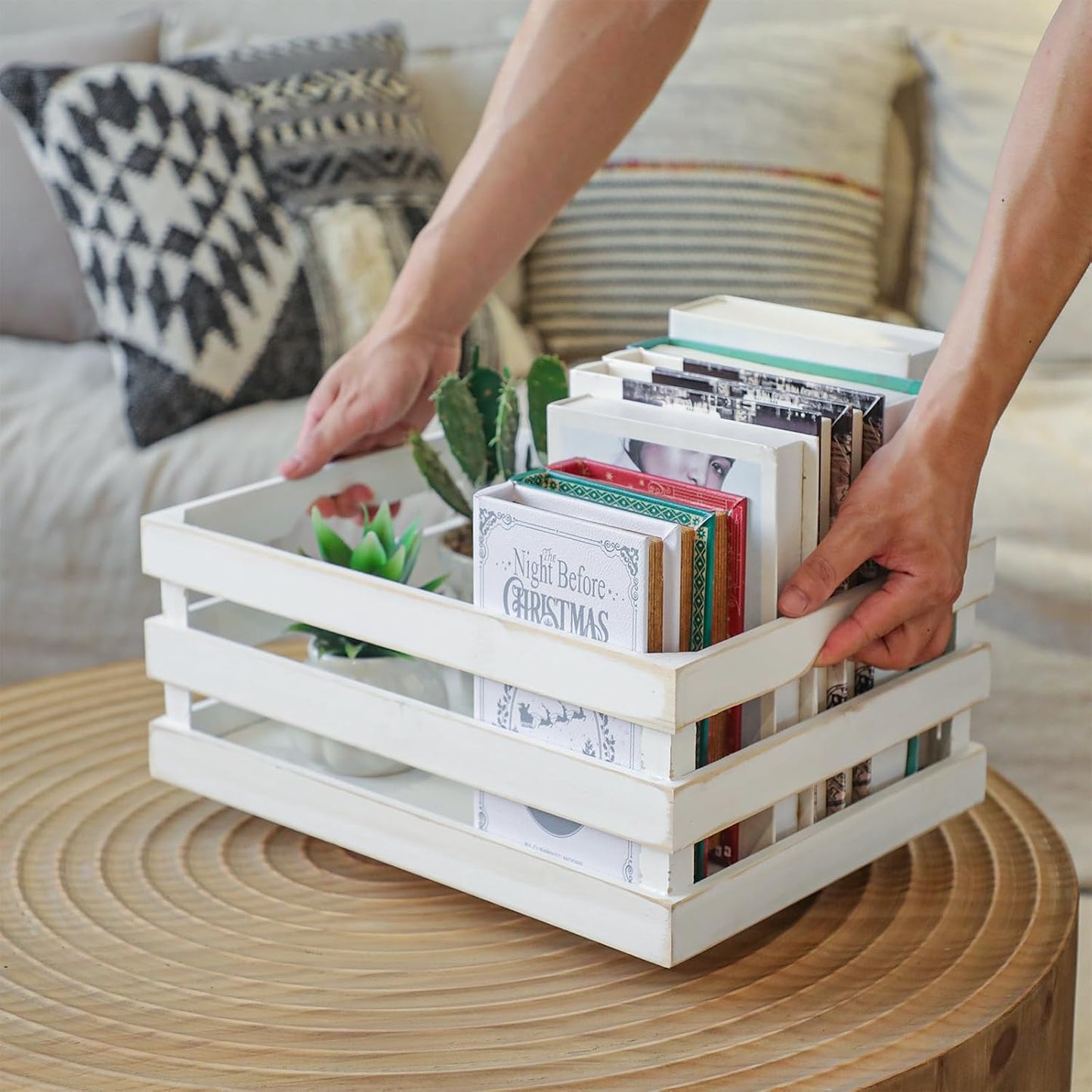 Set of 4 Large Wooden Decorative Storage Crates, Whitewashed Nesting Wooden Crates for Display Rustic, Farmhouse Wood Storage Container Boxes Made from 100% Wood