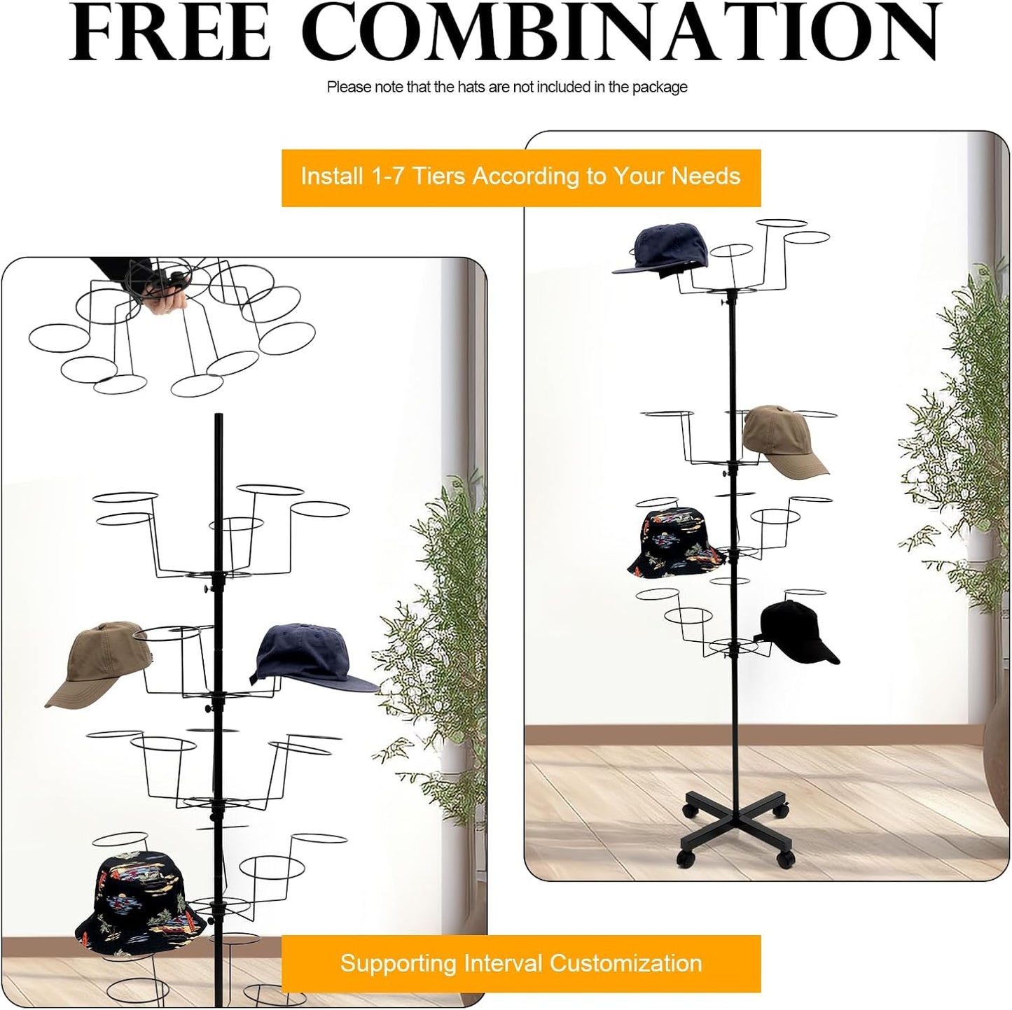 7-Tier Freestanding Hat Rack, 35 Hooks Rotating Hat Display Stand with Wheels, Black Metal Hat Holder Organizer for Retail Stores, Home, Hotels Use