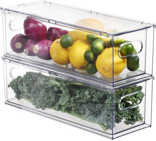 Fridge Drawer Pull Out Stackable Bins, Clear Refrigerator Stackable Organizers, Fridge Organizer Storage for Kitchen, Pantry, Vegetables, Fruits (2 Small)
